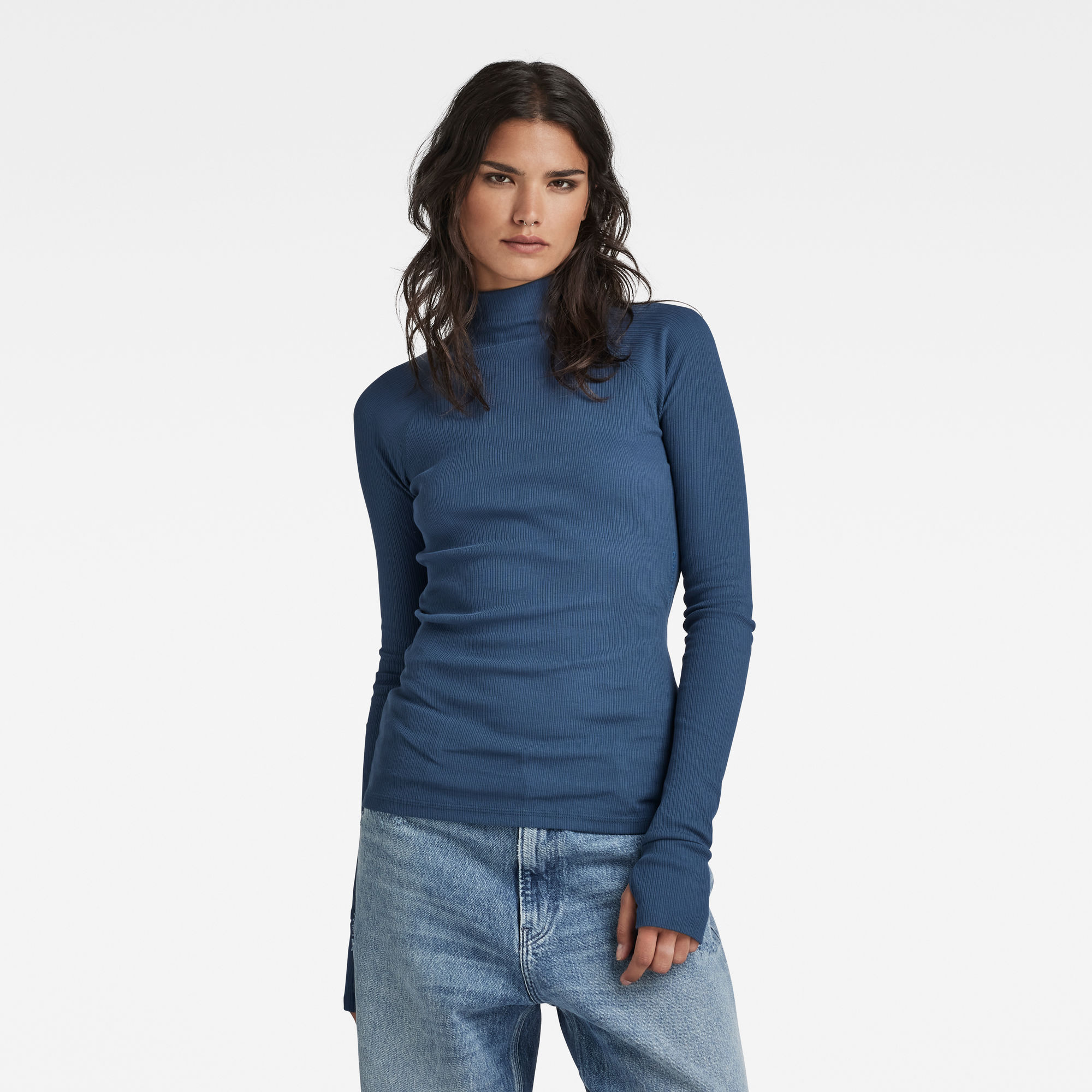 Slim Rib Mock Top - Midden blauw - Dames