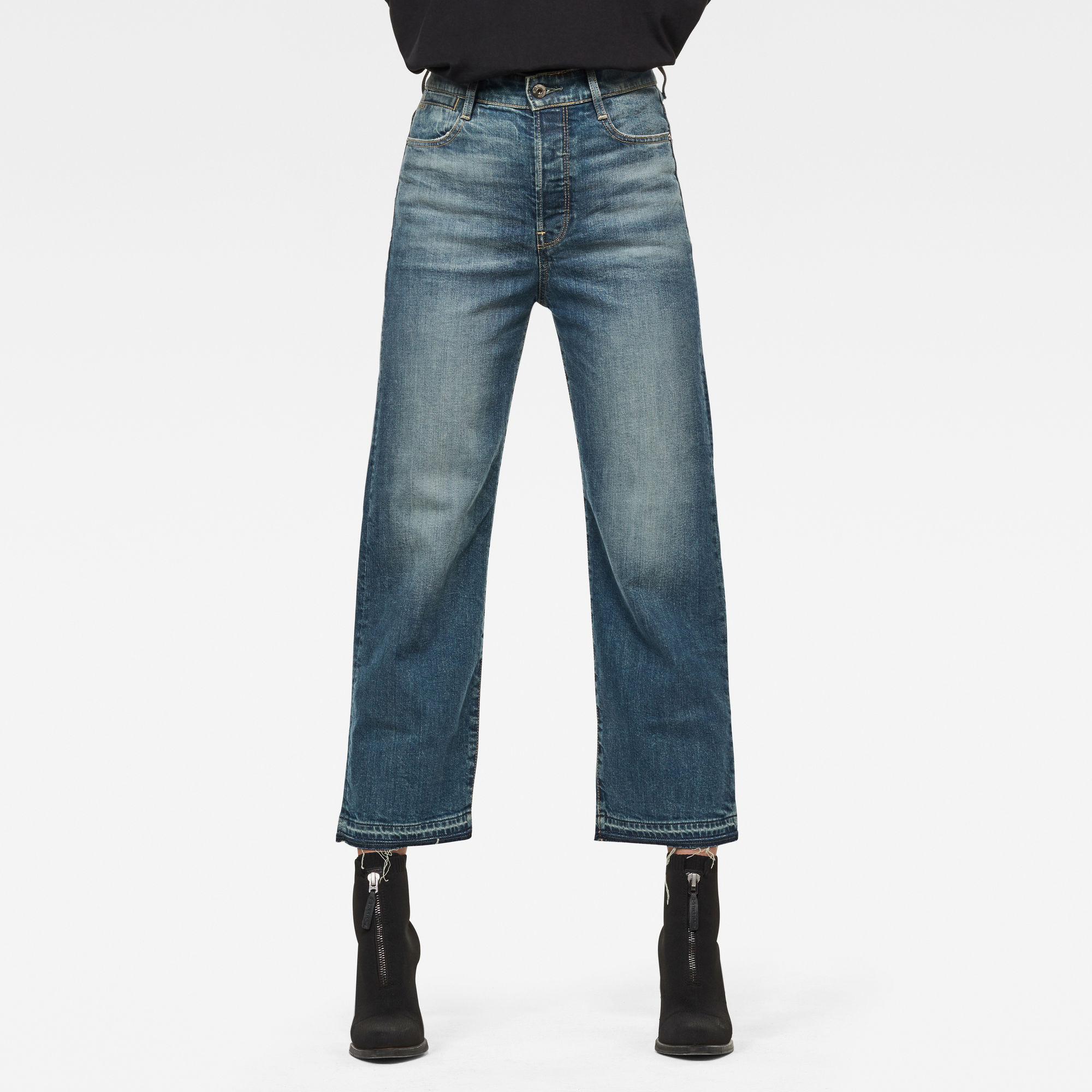 G-Star RAW Dames Tedie Ultra High Straight Ripped Edge Ankle C Jeans Blauw G-Star RAW Dames Tedie Ultra High Straight Ripped Edge Ankle C Jeans Blauw