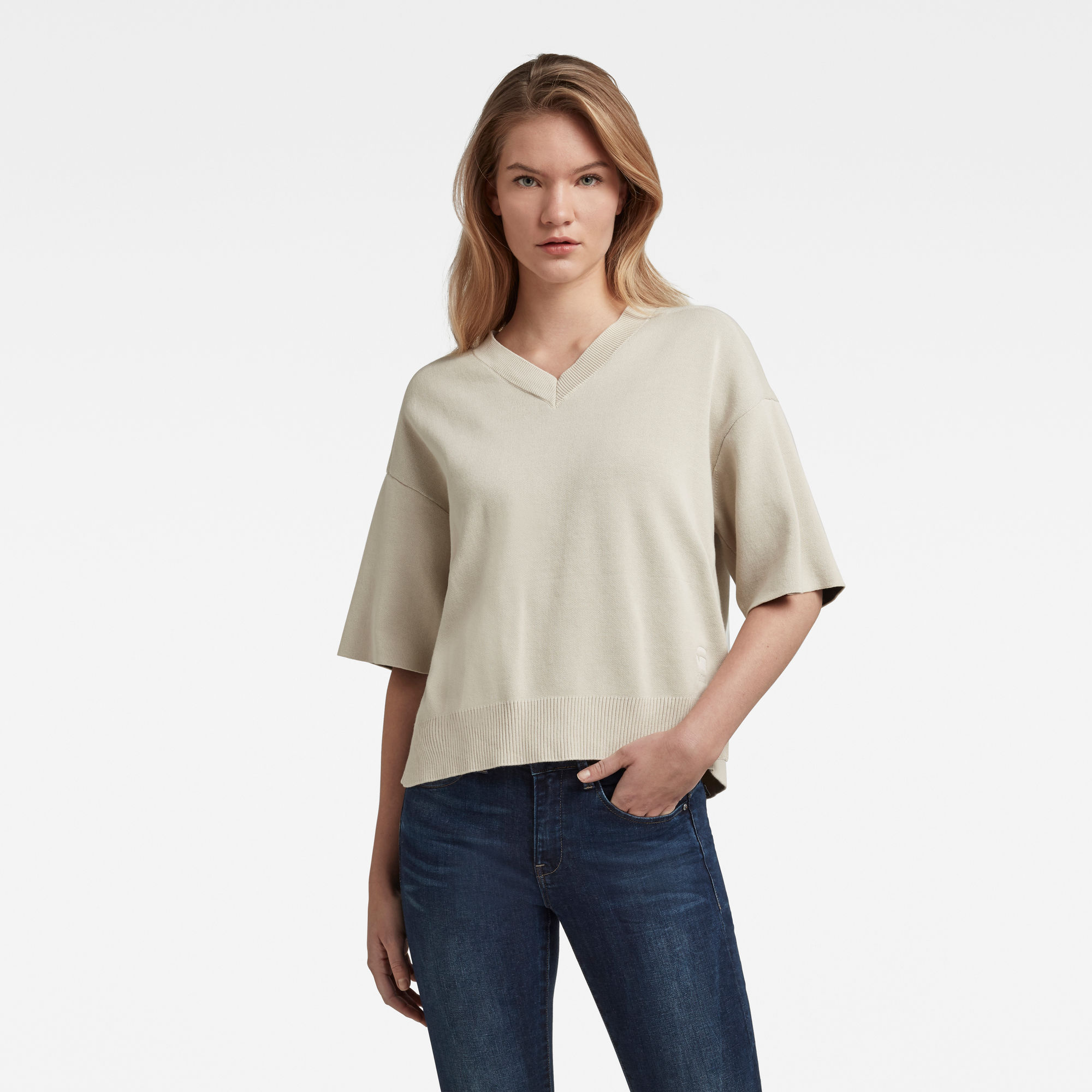 G-Star RAW Dames Gebreid T-Shirt Met V-Hals Beige G-Star RAW Dames Gebreid T-Shirt Met V-Hals Beige