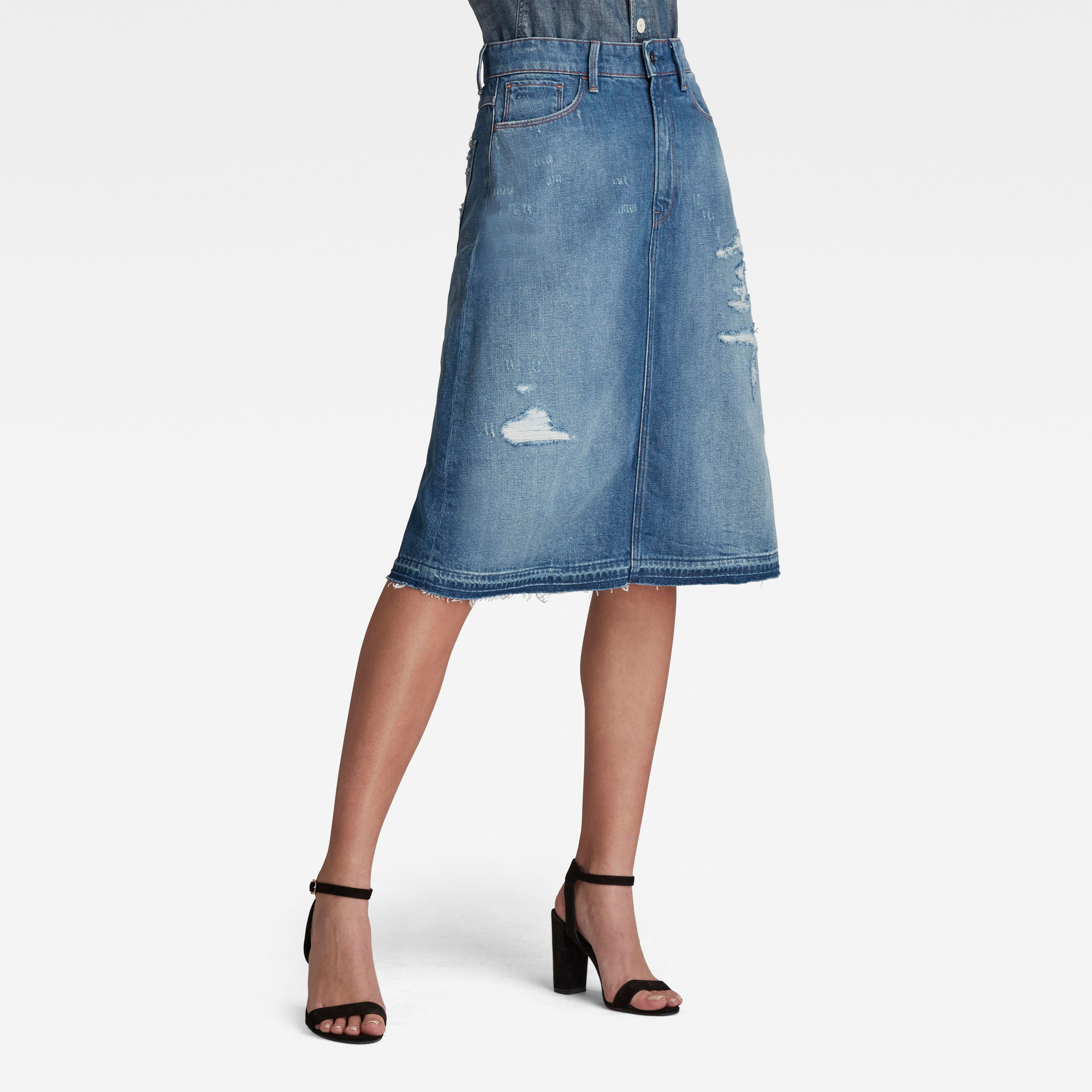 G-Star RAW Dames 3301 A-Line Midi Rok Ripped Edge Lichtblauw G-Star RAW Dames 3301 A-Line Midi Rok Ripped Edge Lichtblauw