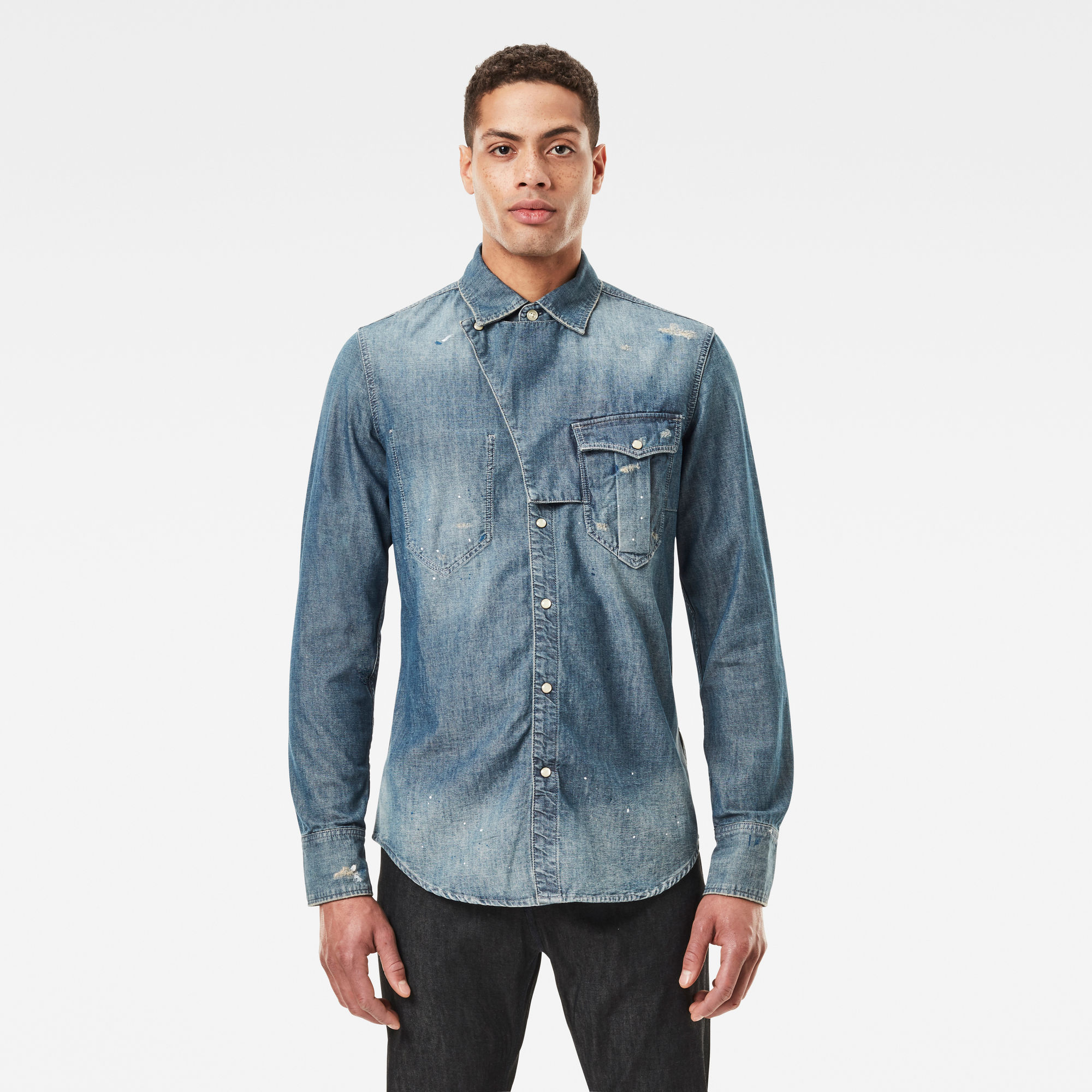 G-Star RAW Heren E Western Tab Slim Shirt Blauw G-Star RAW Heren E Western Tab Slim Shirt Blauw