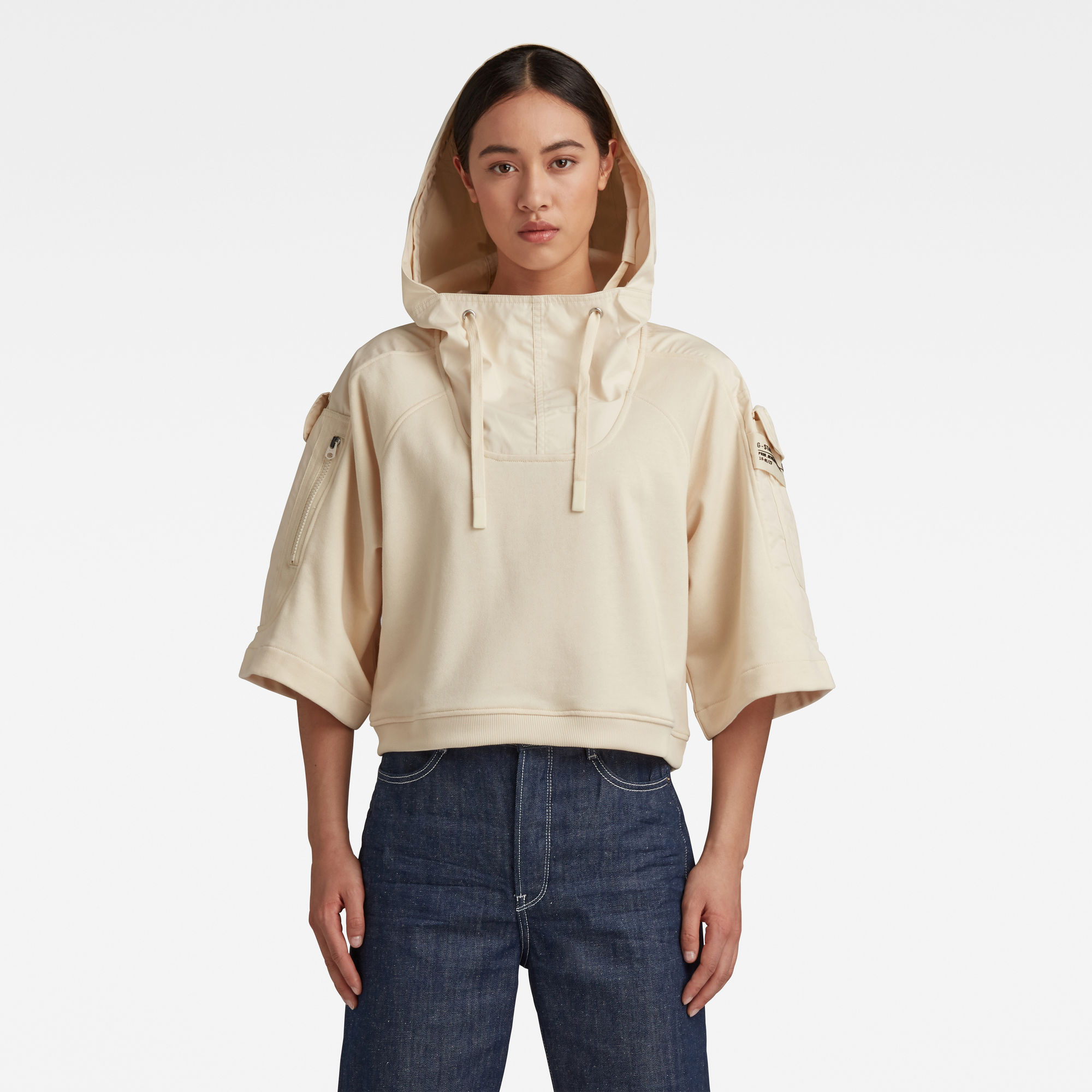 G-Star RAW Dames Cropped Woven Mix Hoodie Beige G-Star RAW Dames Cropped Woven Mix Hoodie Beige