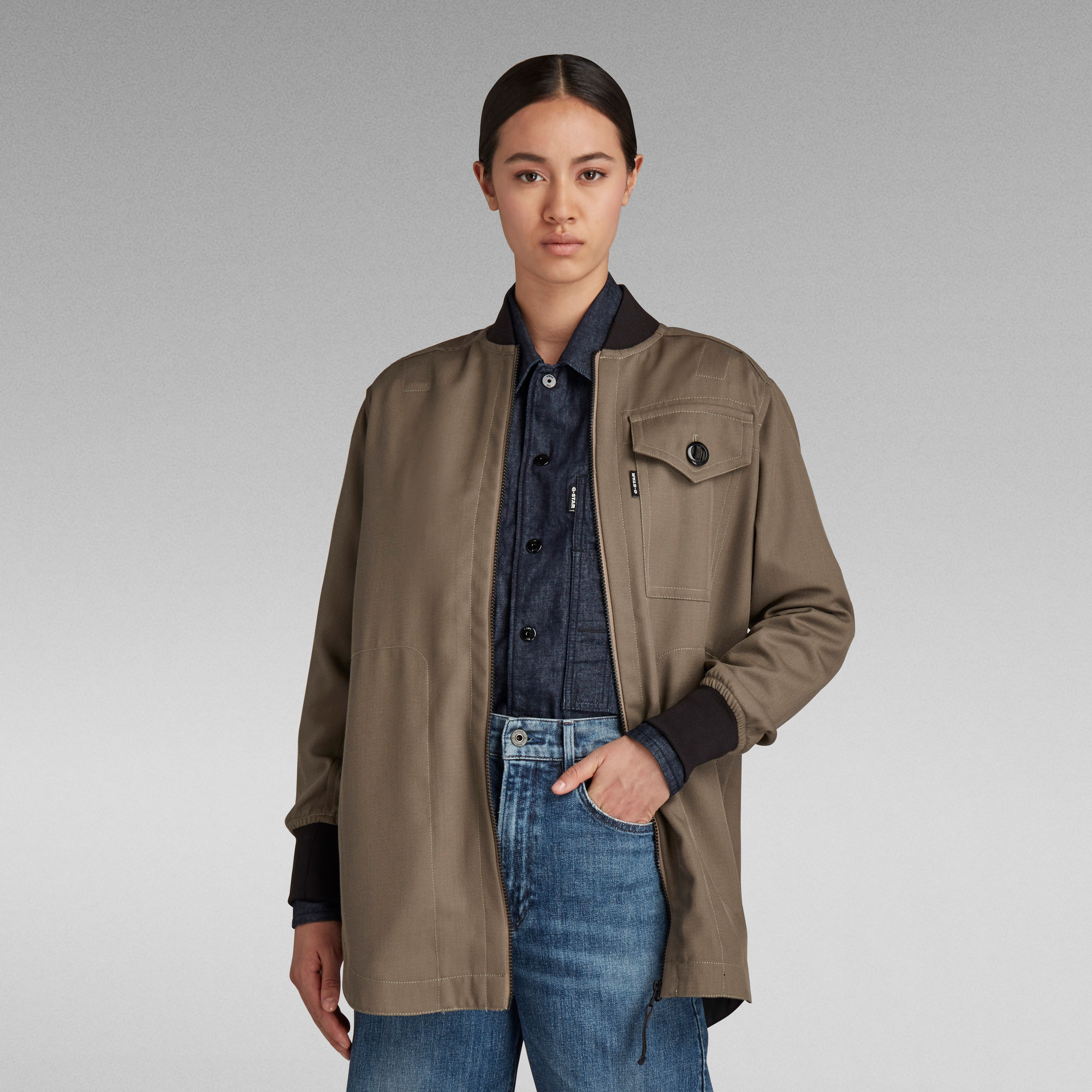 

Bomber Collar Overshirt - Brown - Women