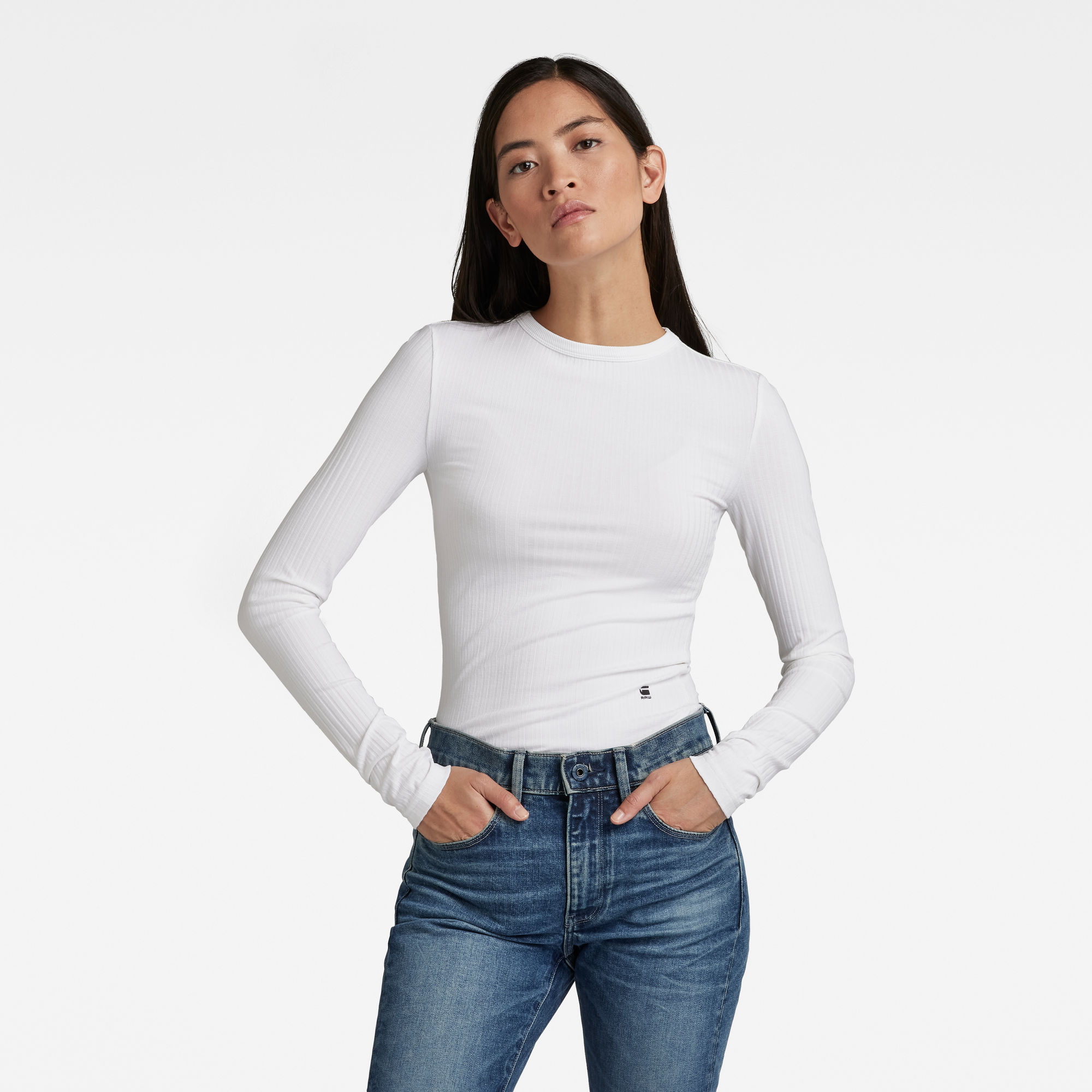 G-Star RAW Dames Slim Rib Long Sleeve Top Wit G-Star RAW Dames Slim Rib Long Sleeve Top Wit