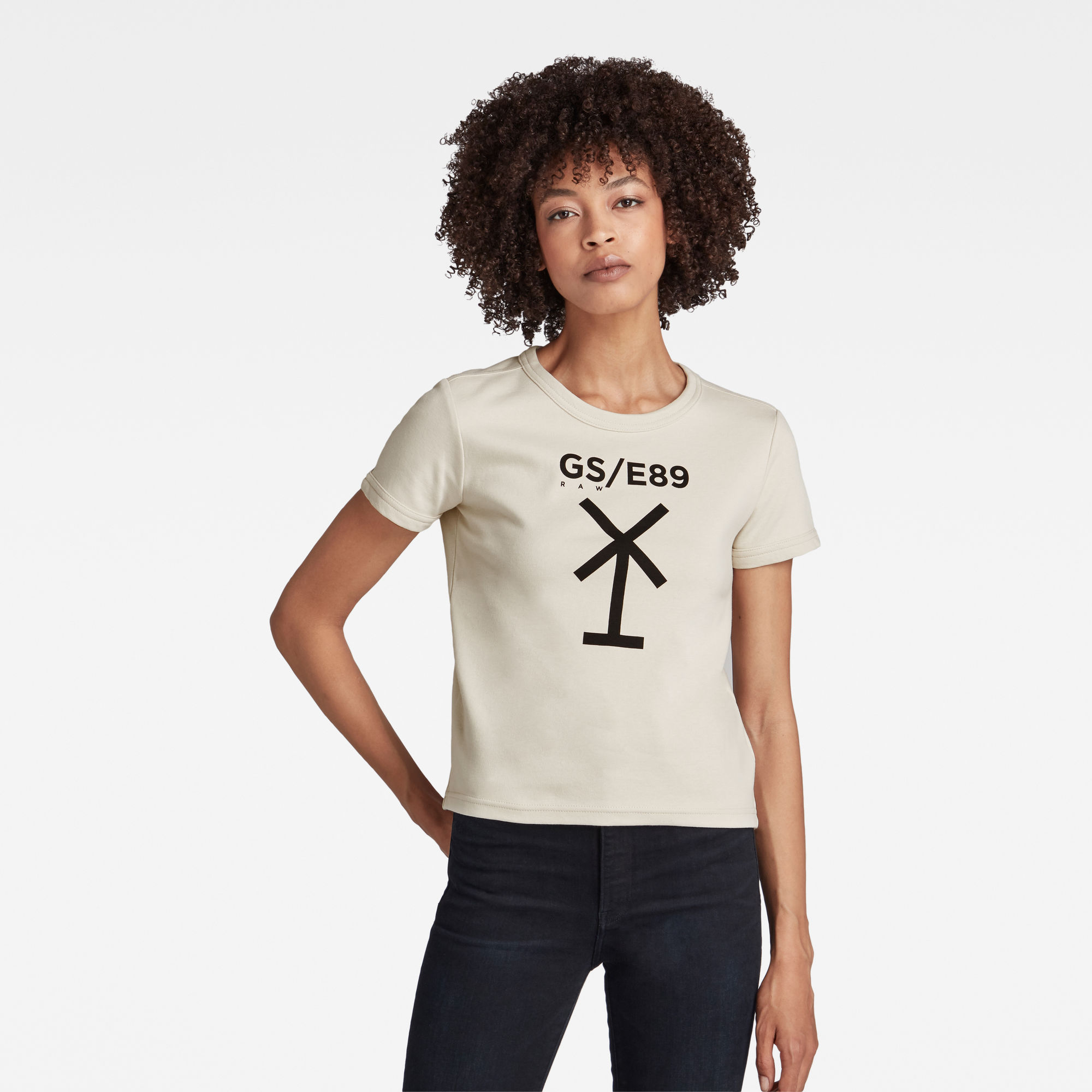 G-Star RAW Dames Cropped T-Shirt Front Logo Slim Beige G-Star RAW Dames Cropped T-Shirt Front Logo Slim Beige