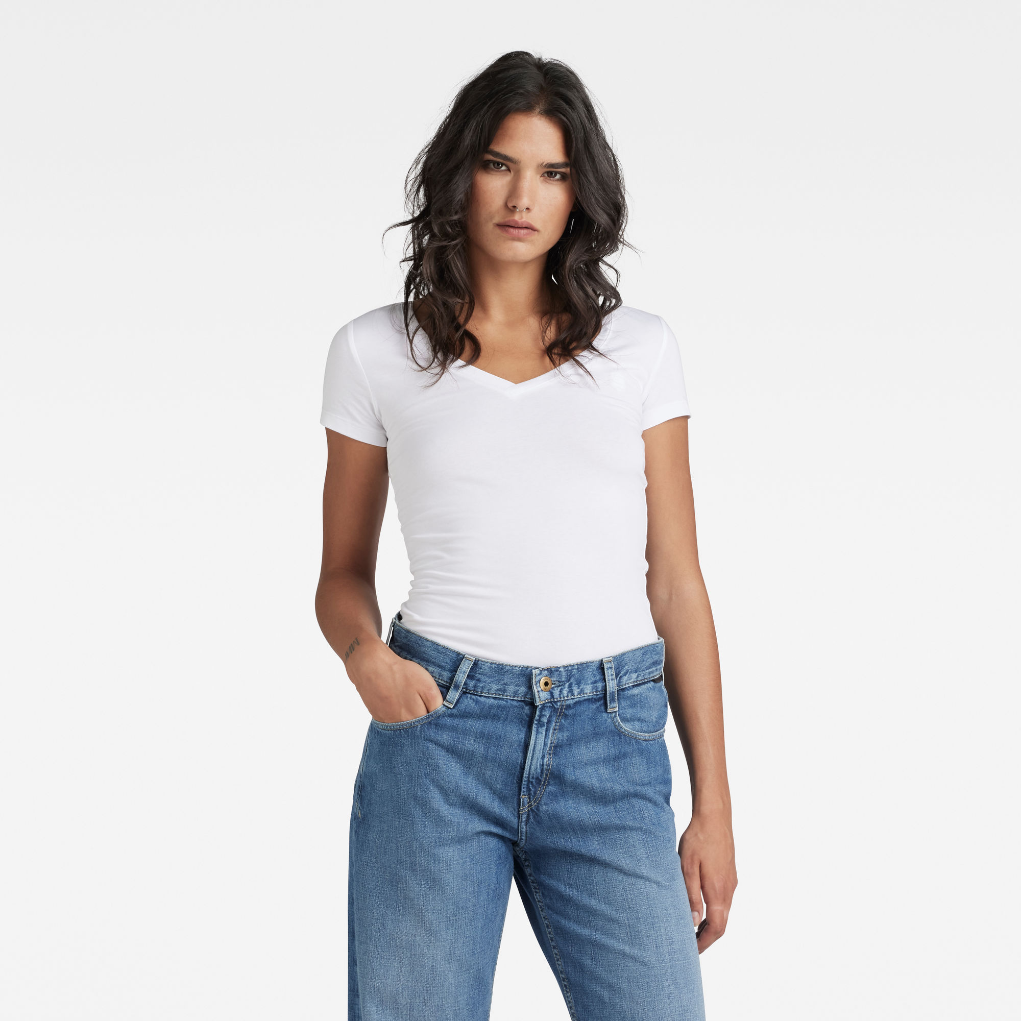 G-Star RAW Dames Basic V-Neck Cap Sleeve T-Shirt Wit G-Star RAW Dames Basic V-Neck Cap Sleeve T-Shirt Wit