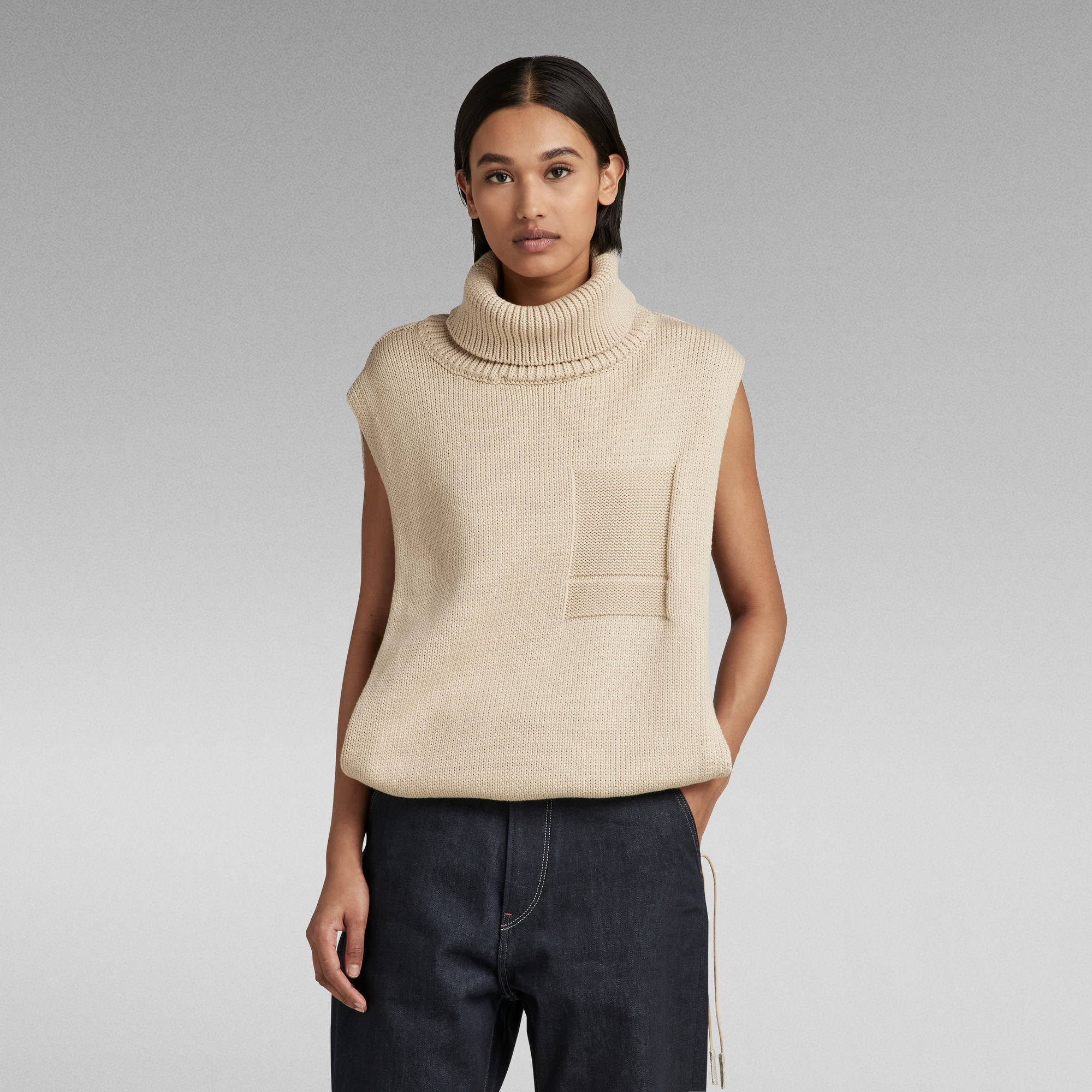 

Knitted Top Open Side Turtle Neck - Beige - Women