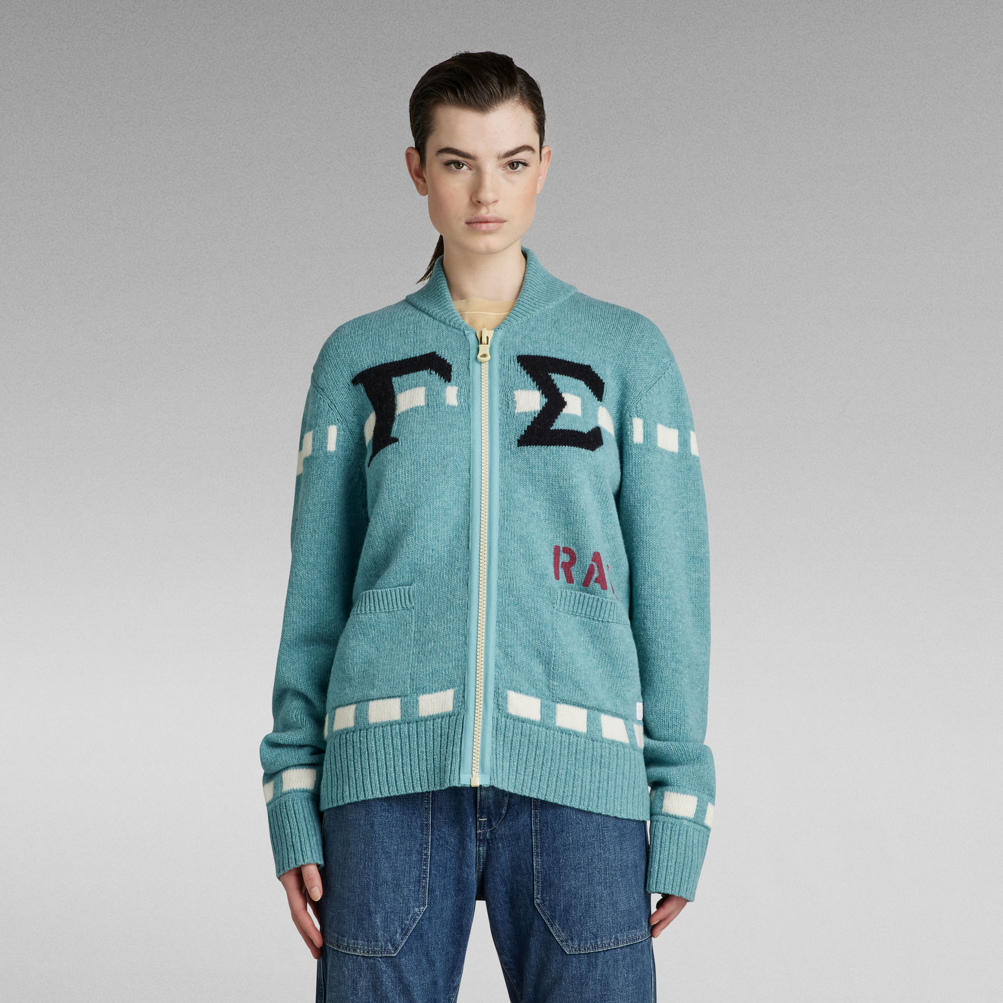 

Graphic Cardigan Loose Knit - Light blue - Women