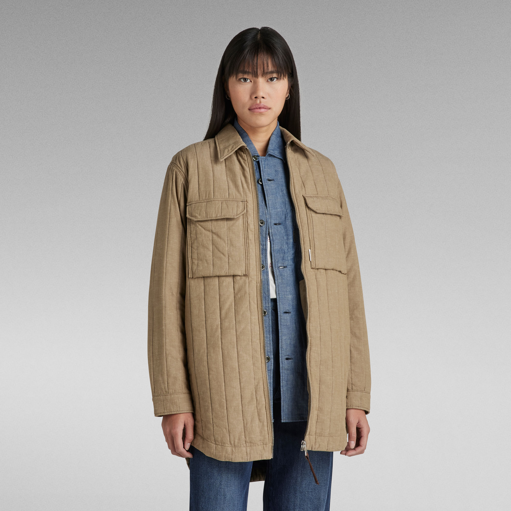 

Quilted Zipped Overshirt - Beige - Women