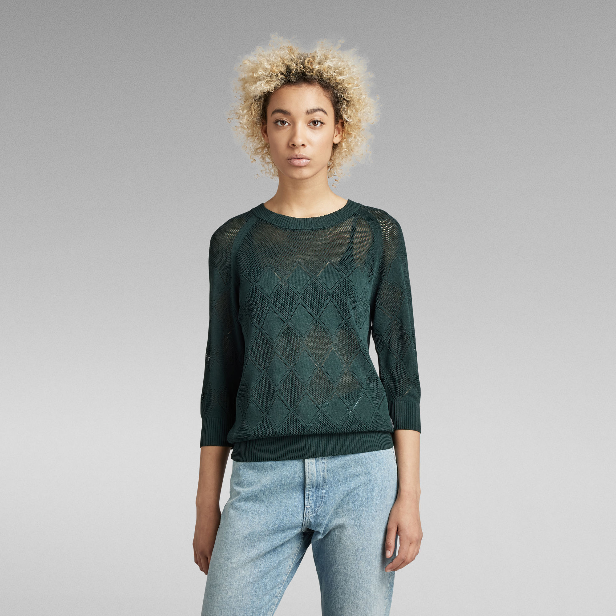 

Pointelle Half Sleeve Knitted Sweater - Green - Women