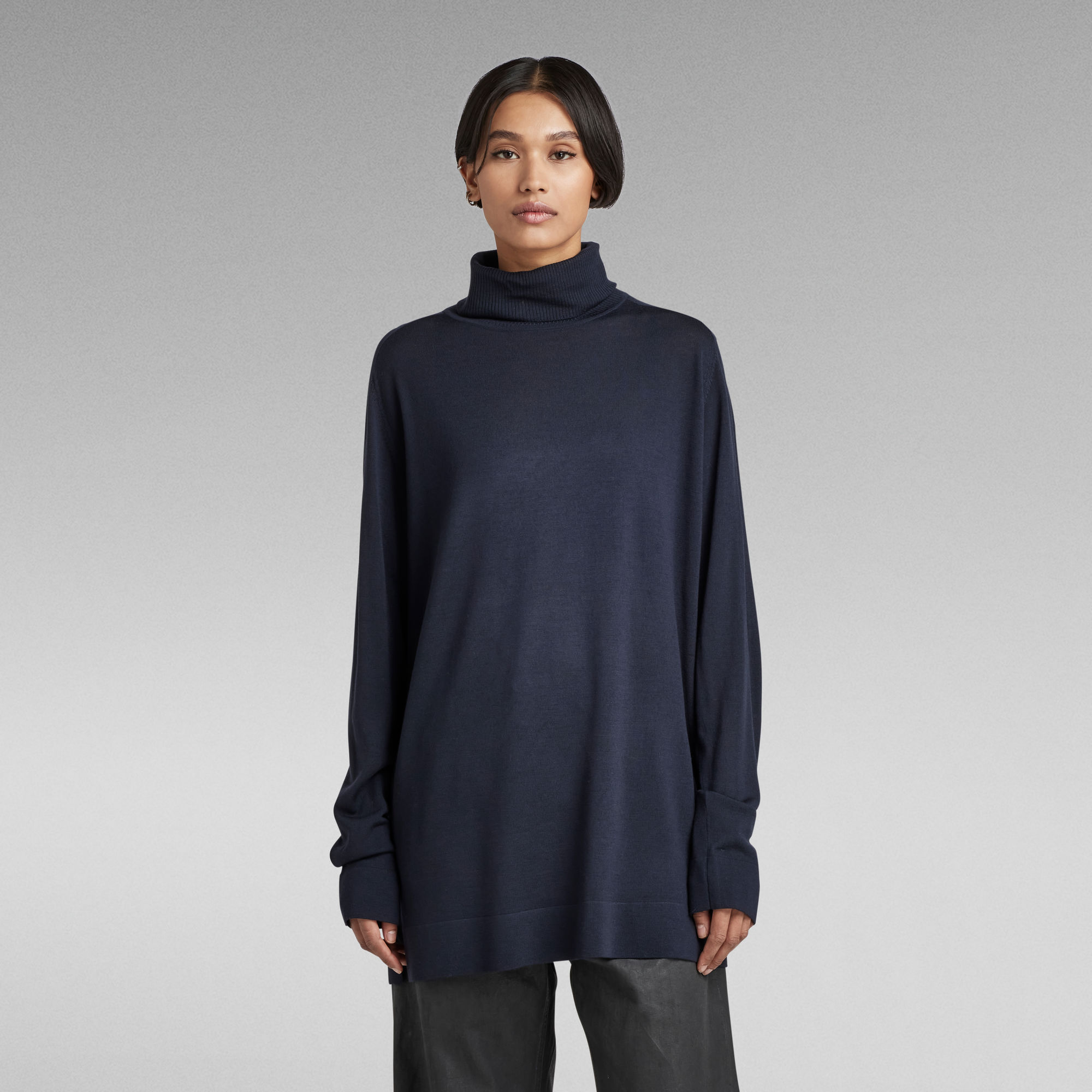 

Knitted Turtleneck Sweater Loose - Dark blue - Women