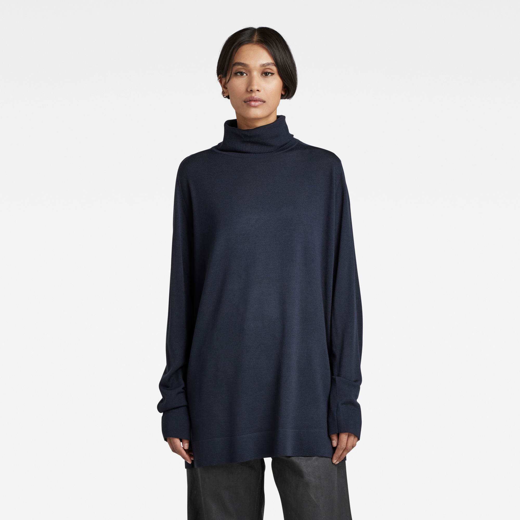 

Knitted Turtleneck Sweater Loose - Dark blue - Women