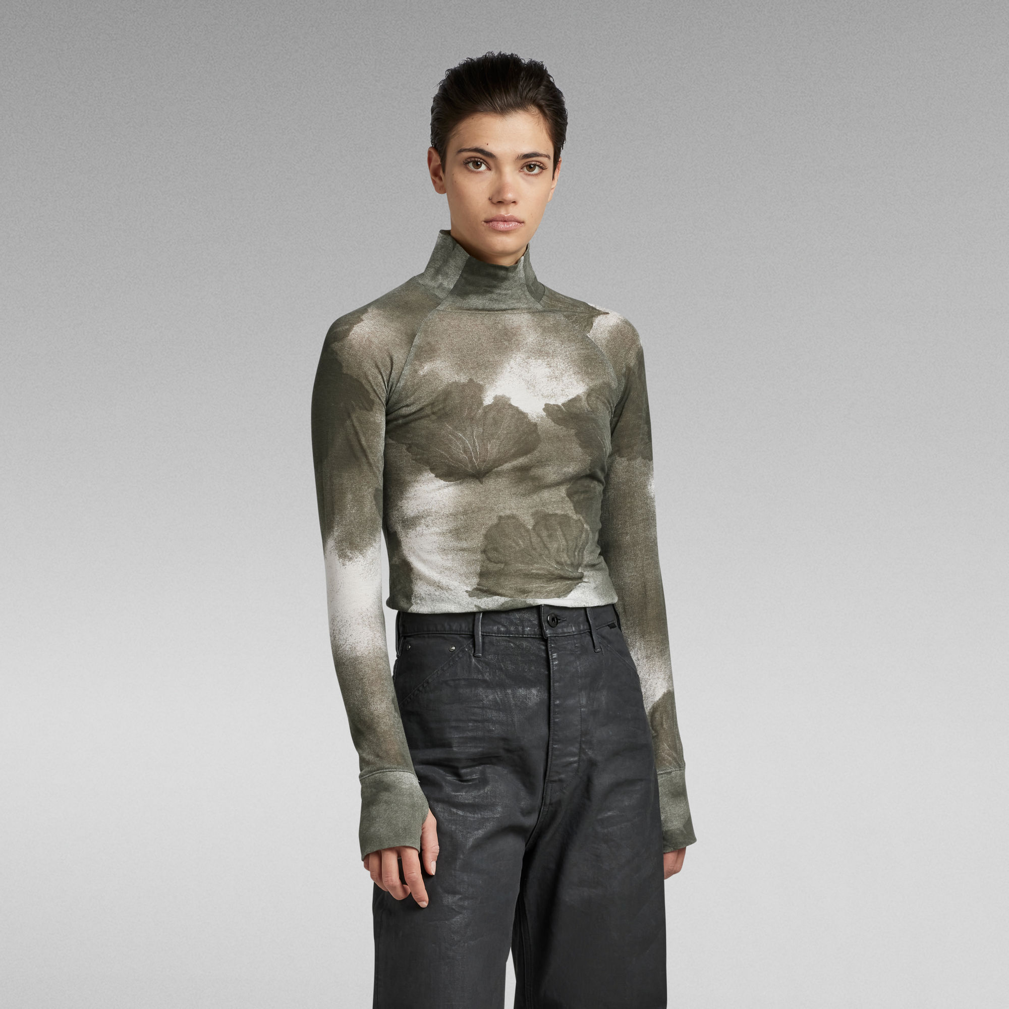

Turtle Neck Slim Allover Printed Top - Multi color - Women