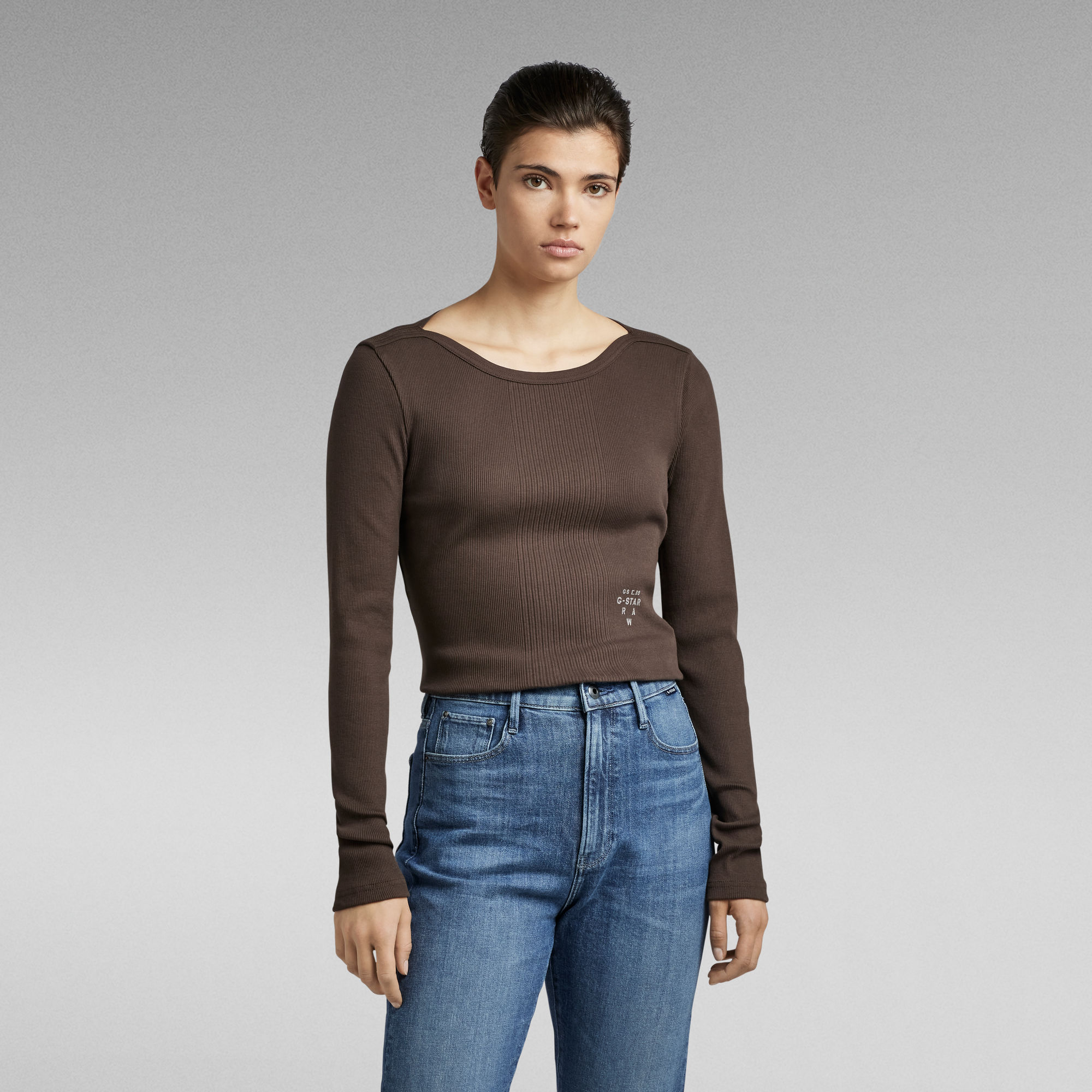 Slim Rib Boatneck Top - Braun - Damen