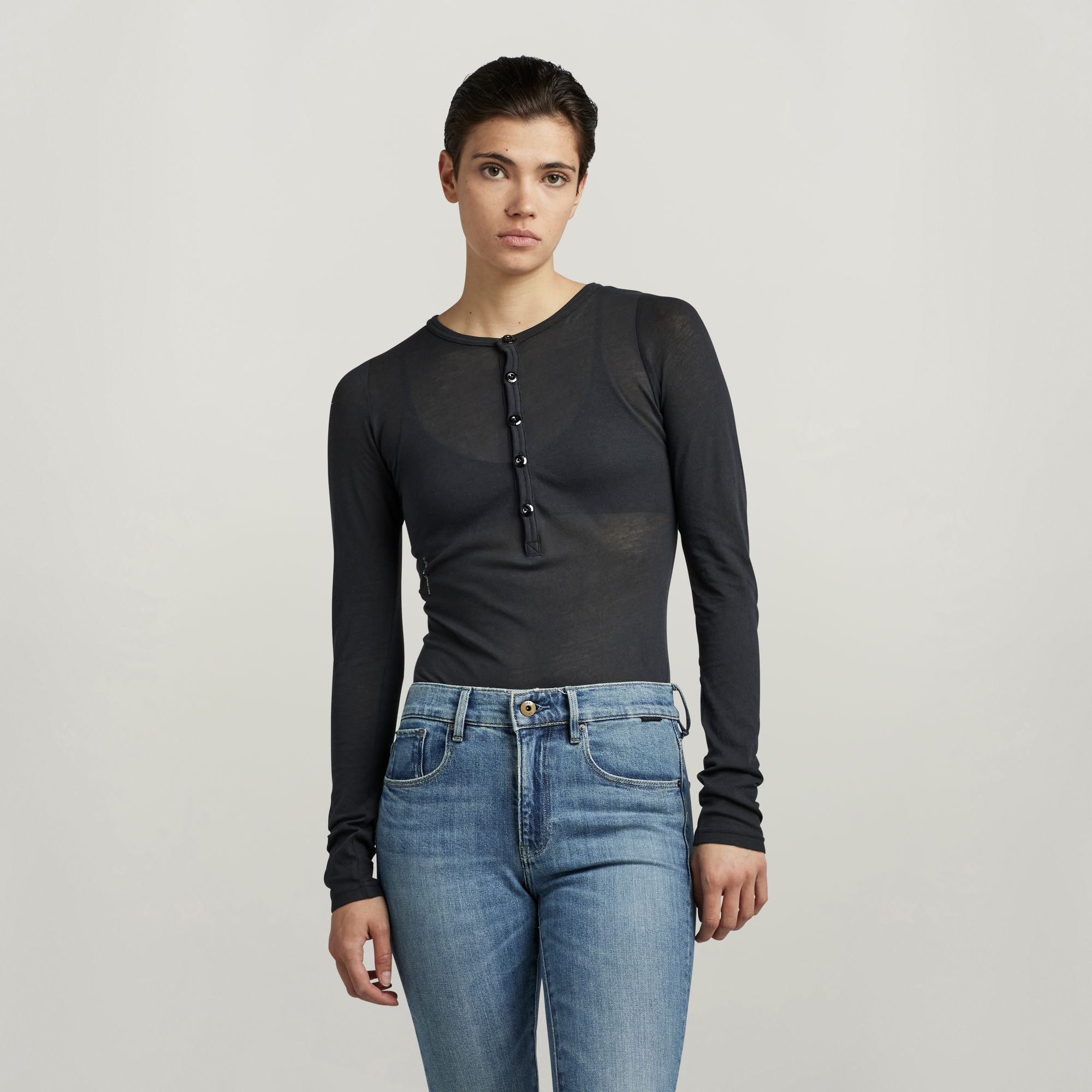 

Henley Body Slim Top - Zwart - Dames