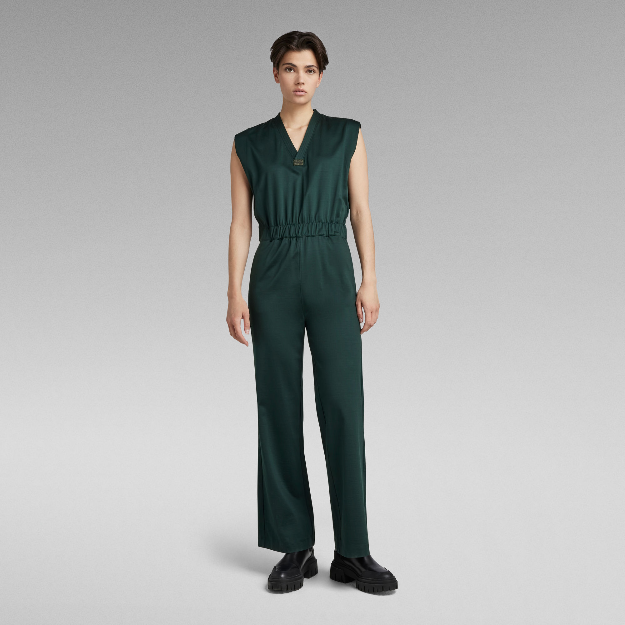 

Wide Leg V-Neck Jumpsuit - Green - Women