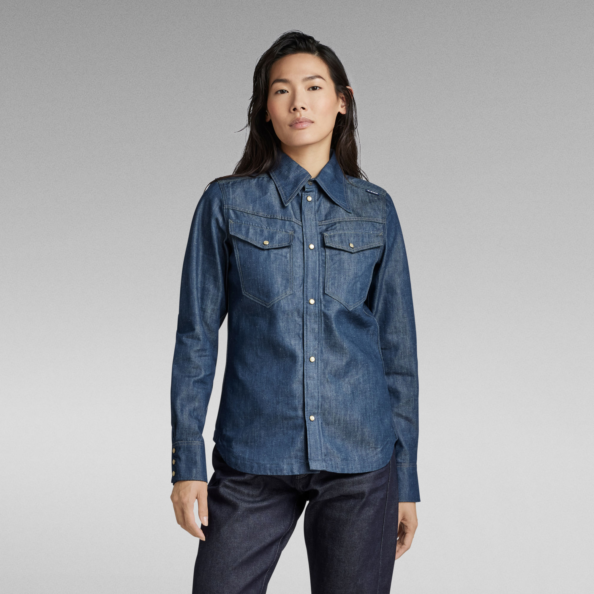 Premium 70'S Slim Denim Hemd - Dunkelblau - Damen