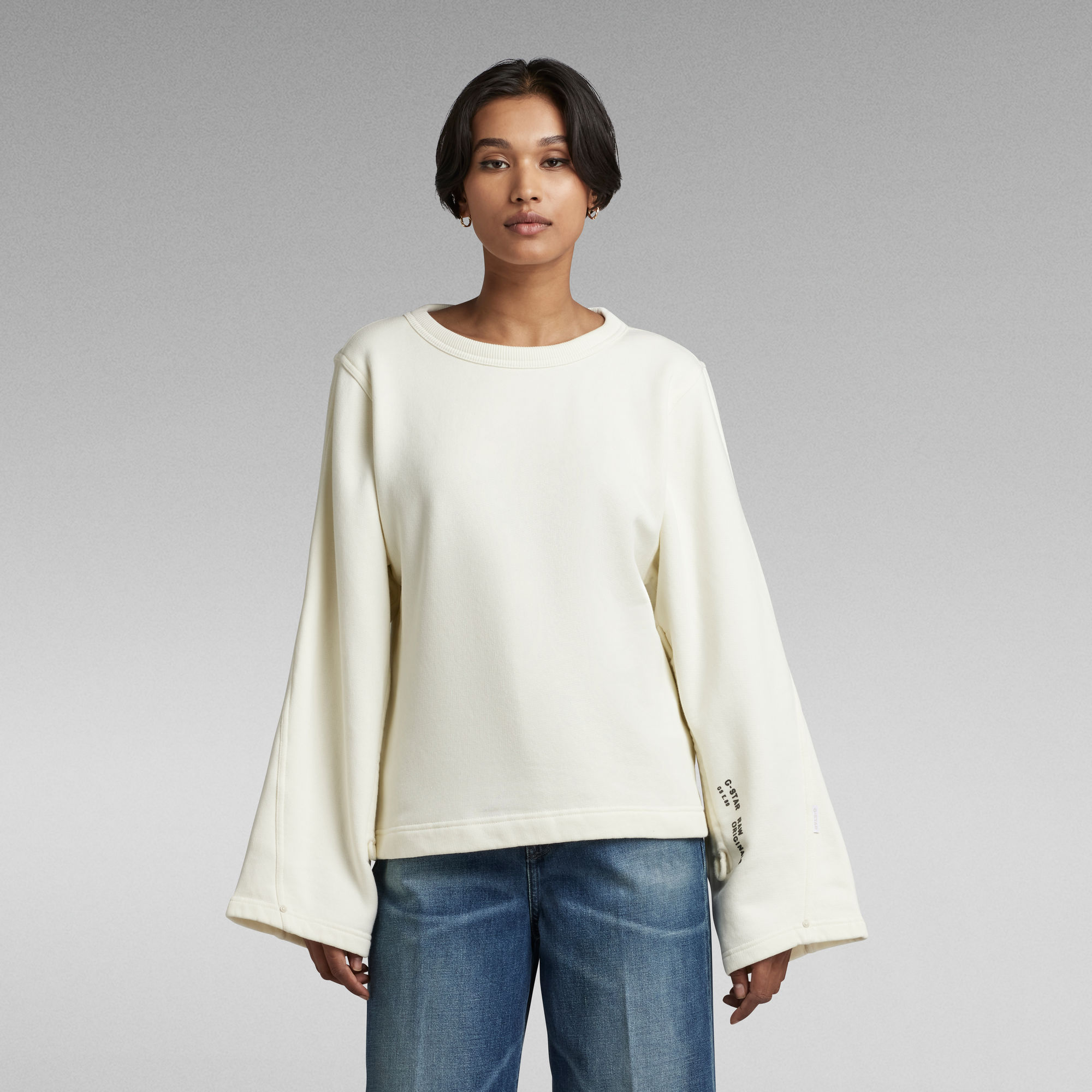 Adjustable Sleeve Cropped Sweatshirt - Weiß - Damen