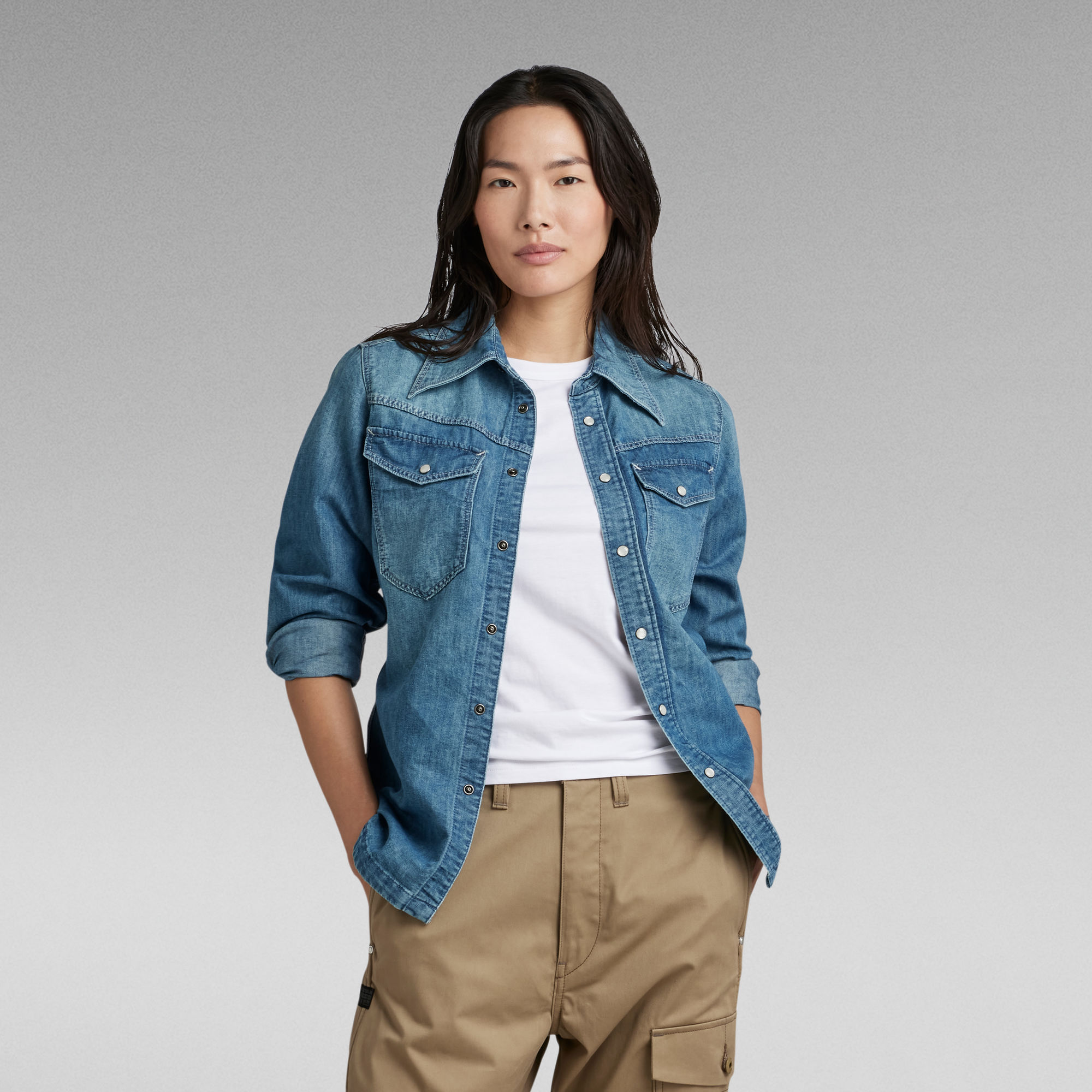 Premium 70'S Slim Denim Hemd - Mittelblau - Damen