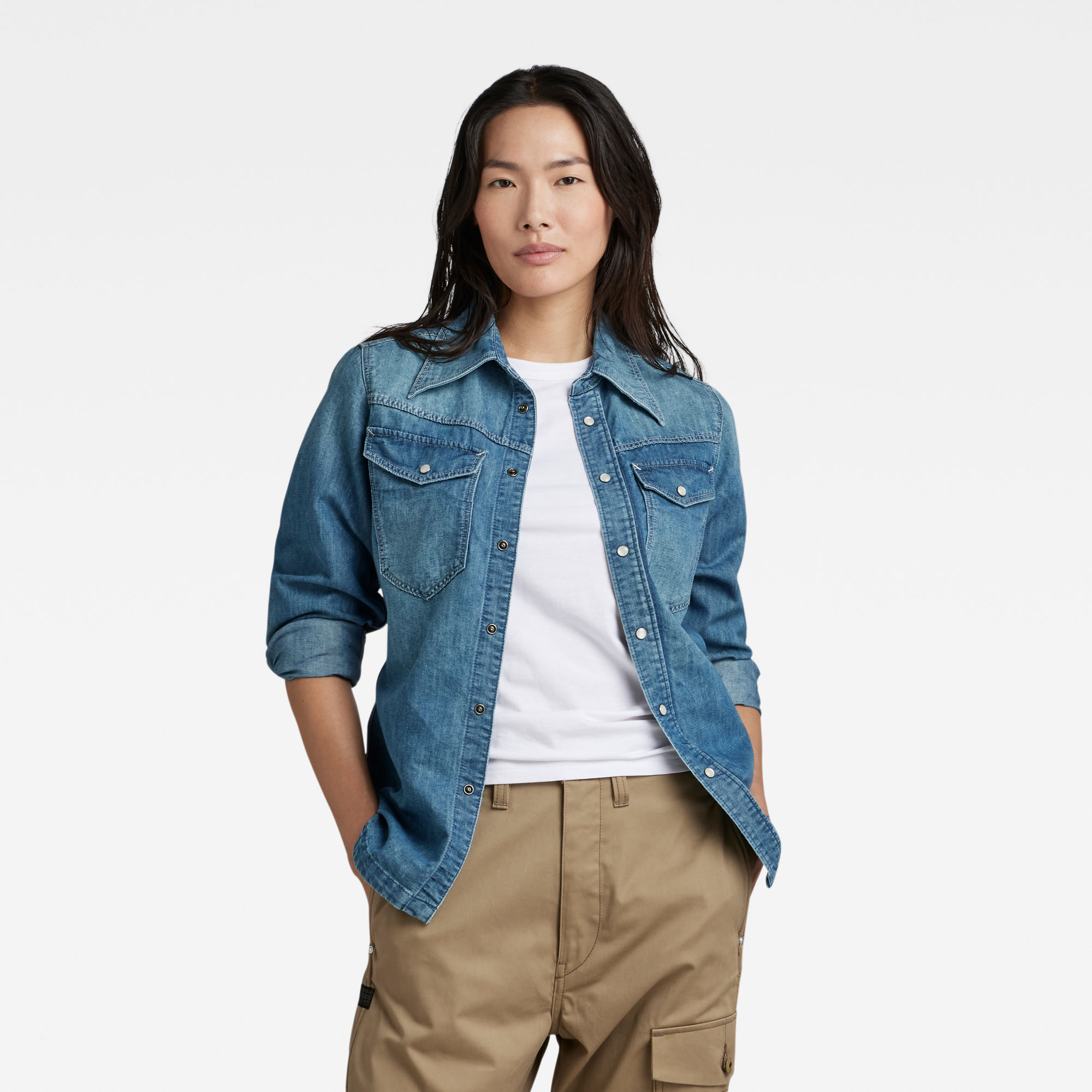 

Premium 70'S Slim Denim Shirt - Midden blauw - Dames