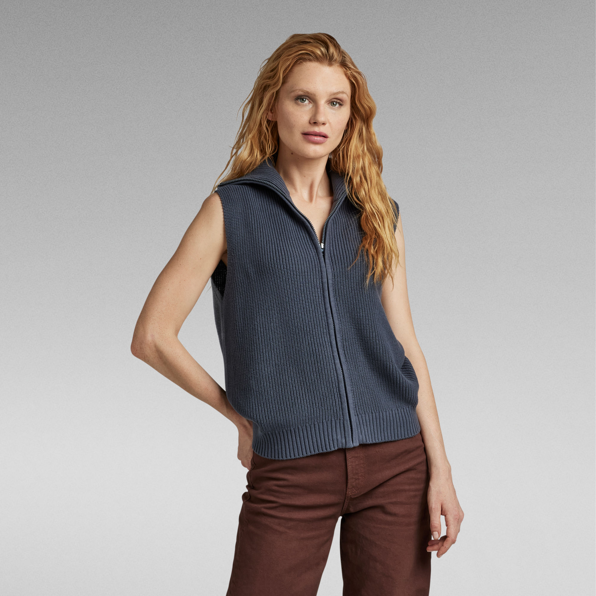 Zip Through Knitted Weste - Mittelblau - Damen