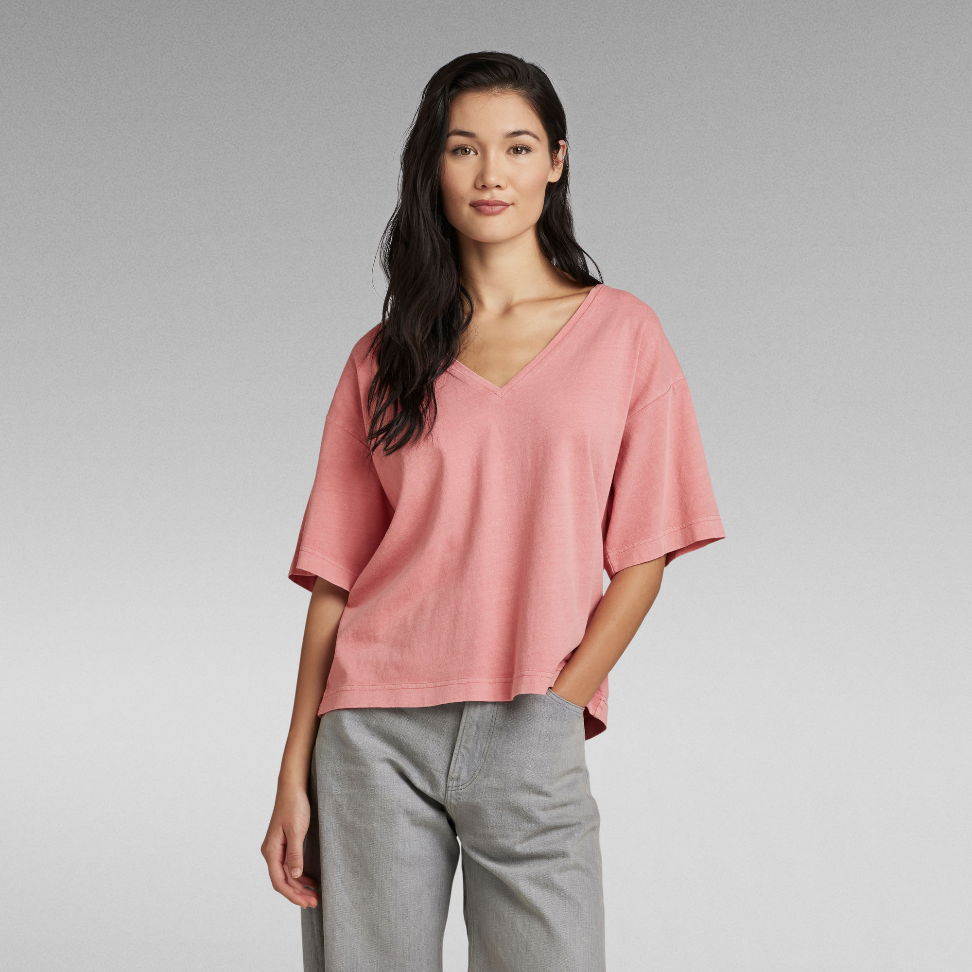 

Overdyed Deep V-Neck Loose Top - Pink - Women