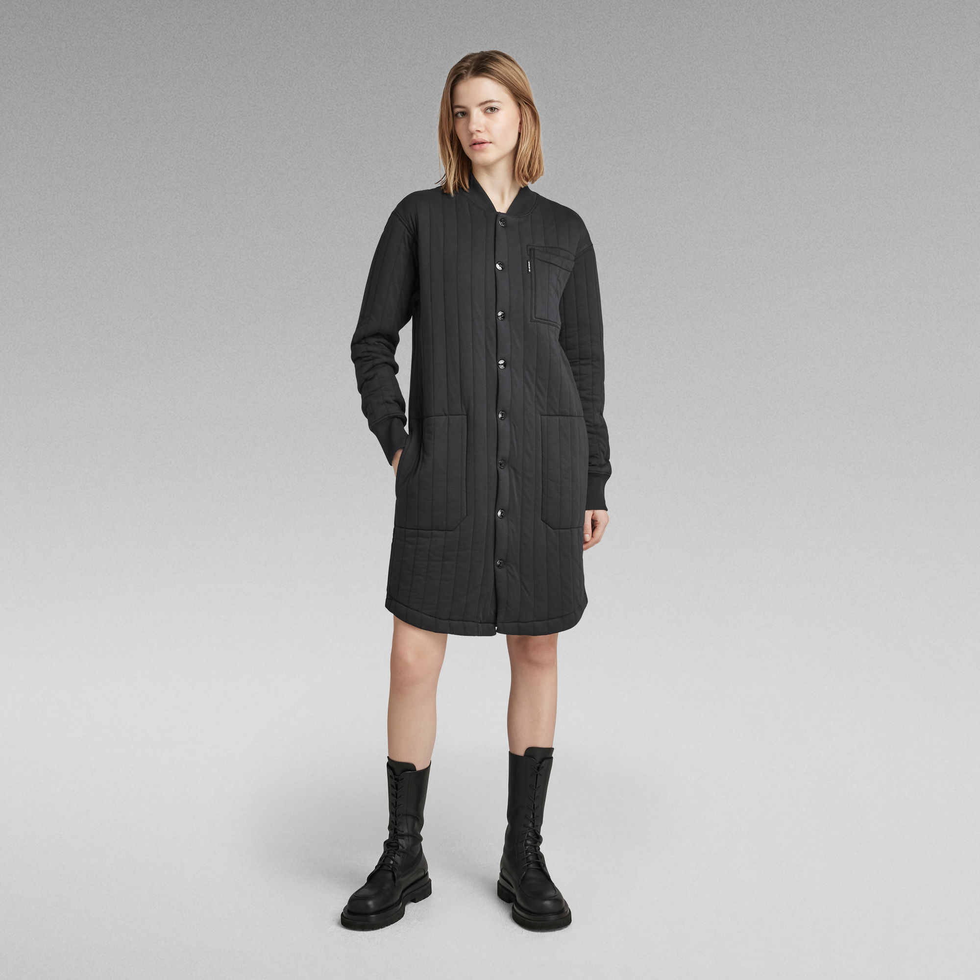 

Button Up Sweat Dress - Black - Women