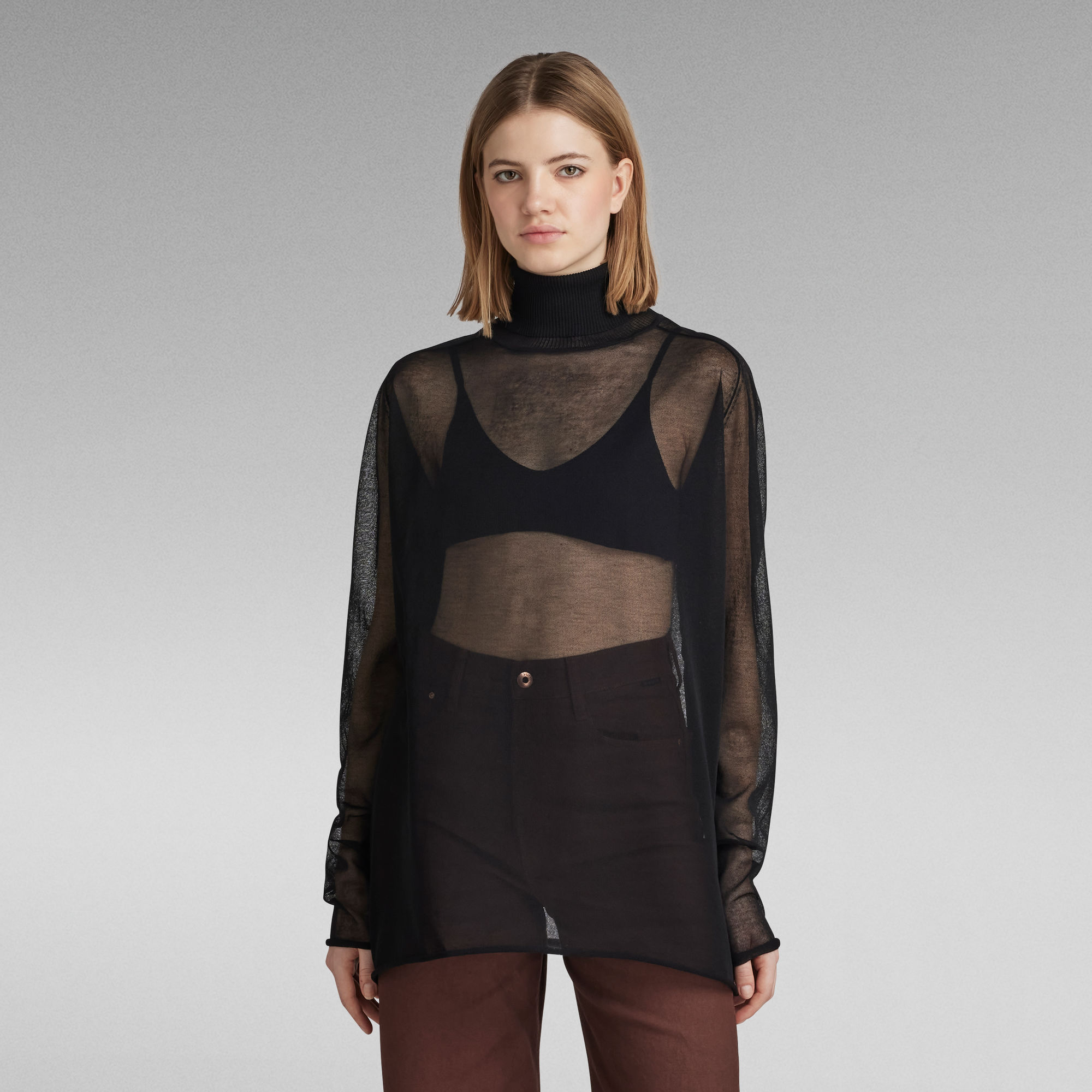 

Sheer Loose Turtle Knitted Sweater - Black - Women