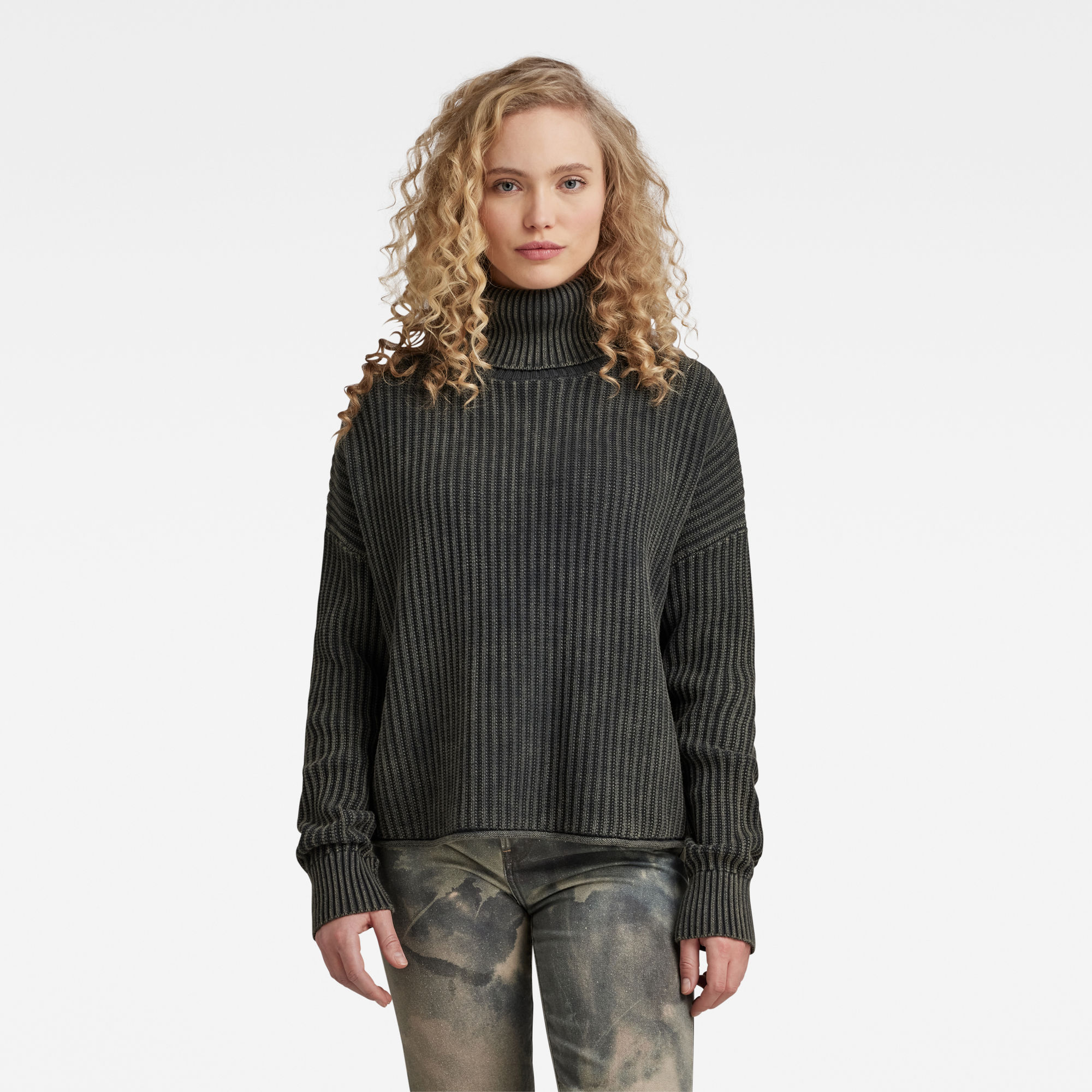 

Loose Overdyed Turtle Knitted Sweater - Grey - Women