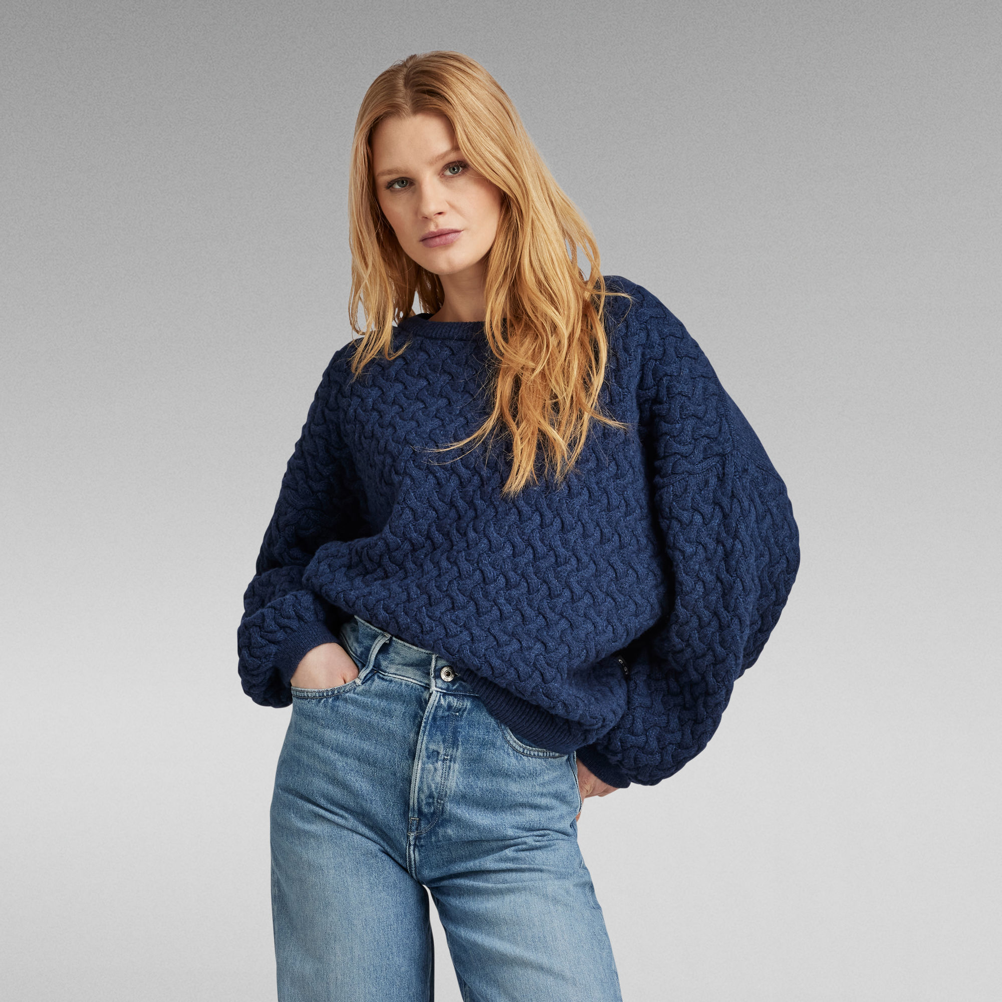 Chunky Loose Boat Knitted Pullover - Mittelblau - Damen