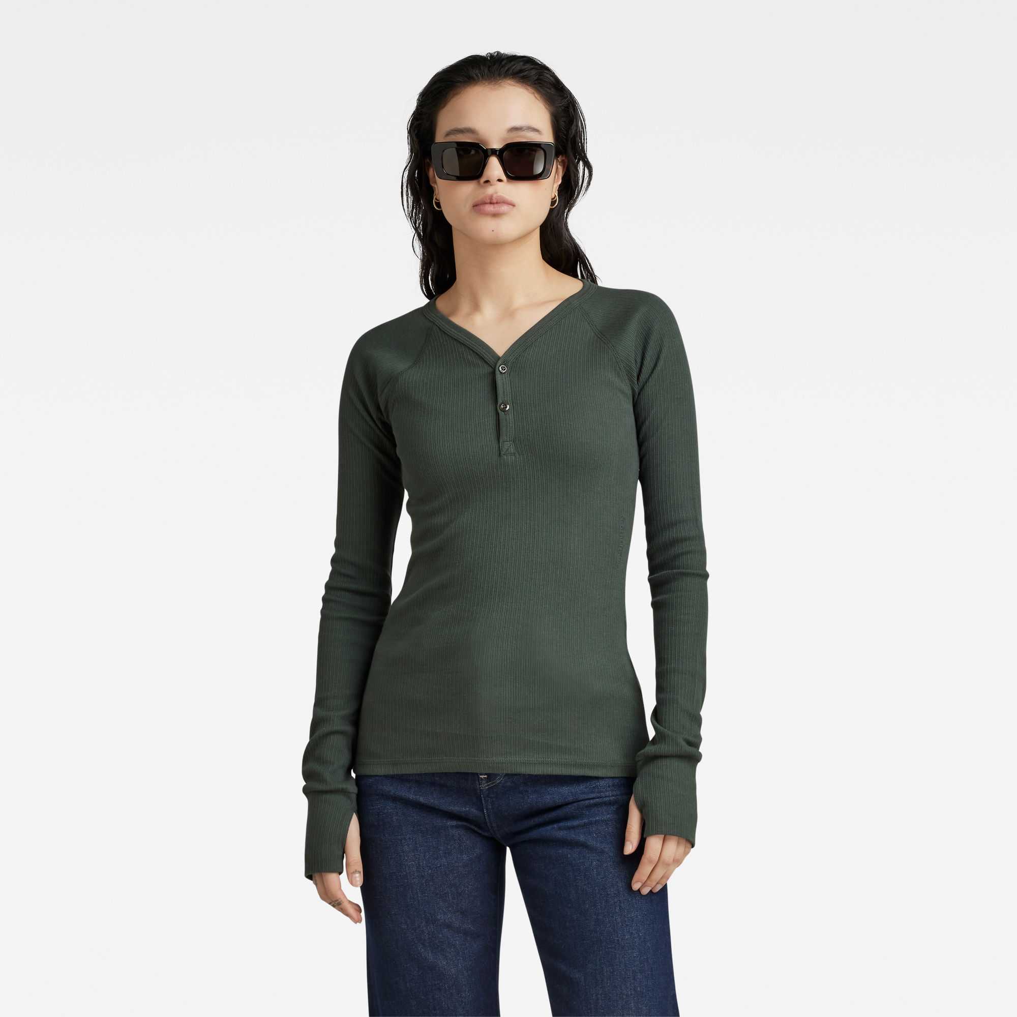 

Slim Rib Henley Top - Grey - Women