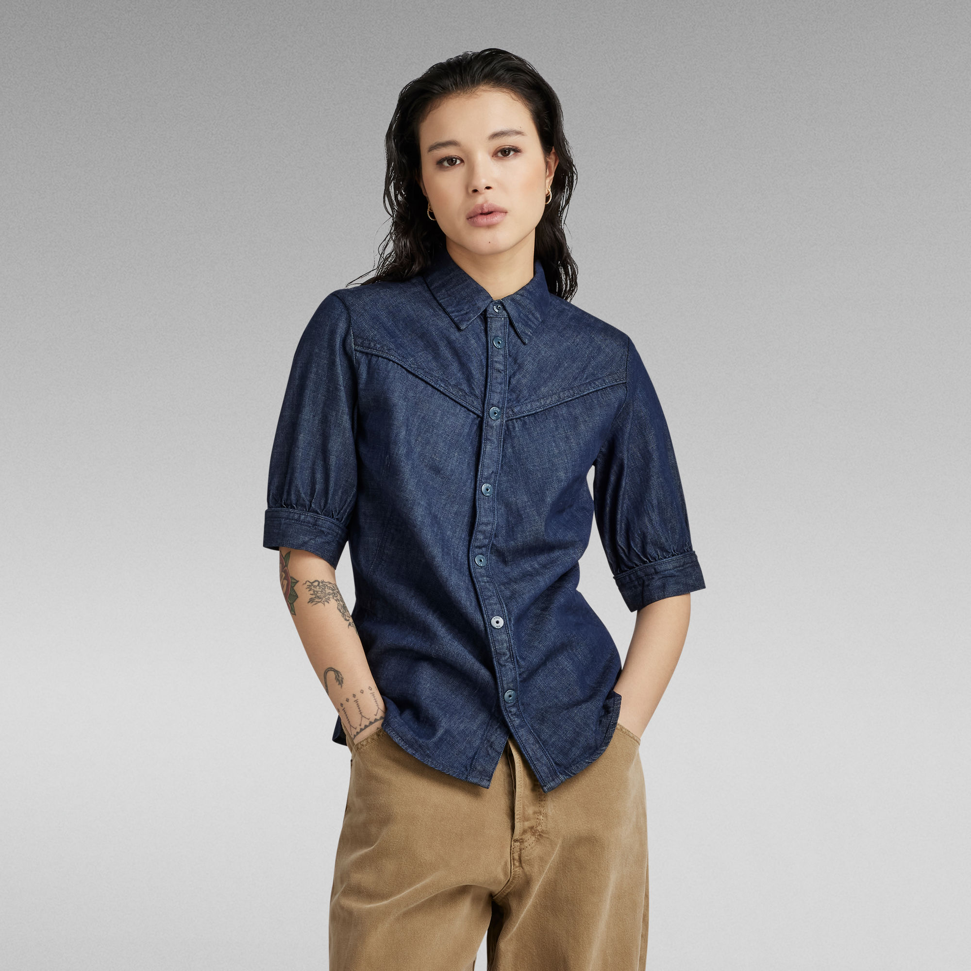 

Western Kick Puff Slim Shirt - Dark blue - Women