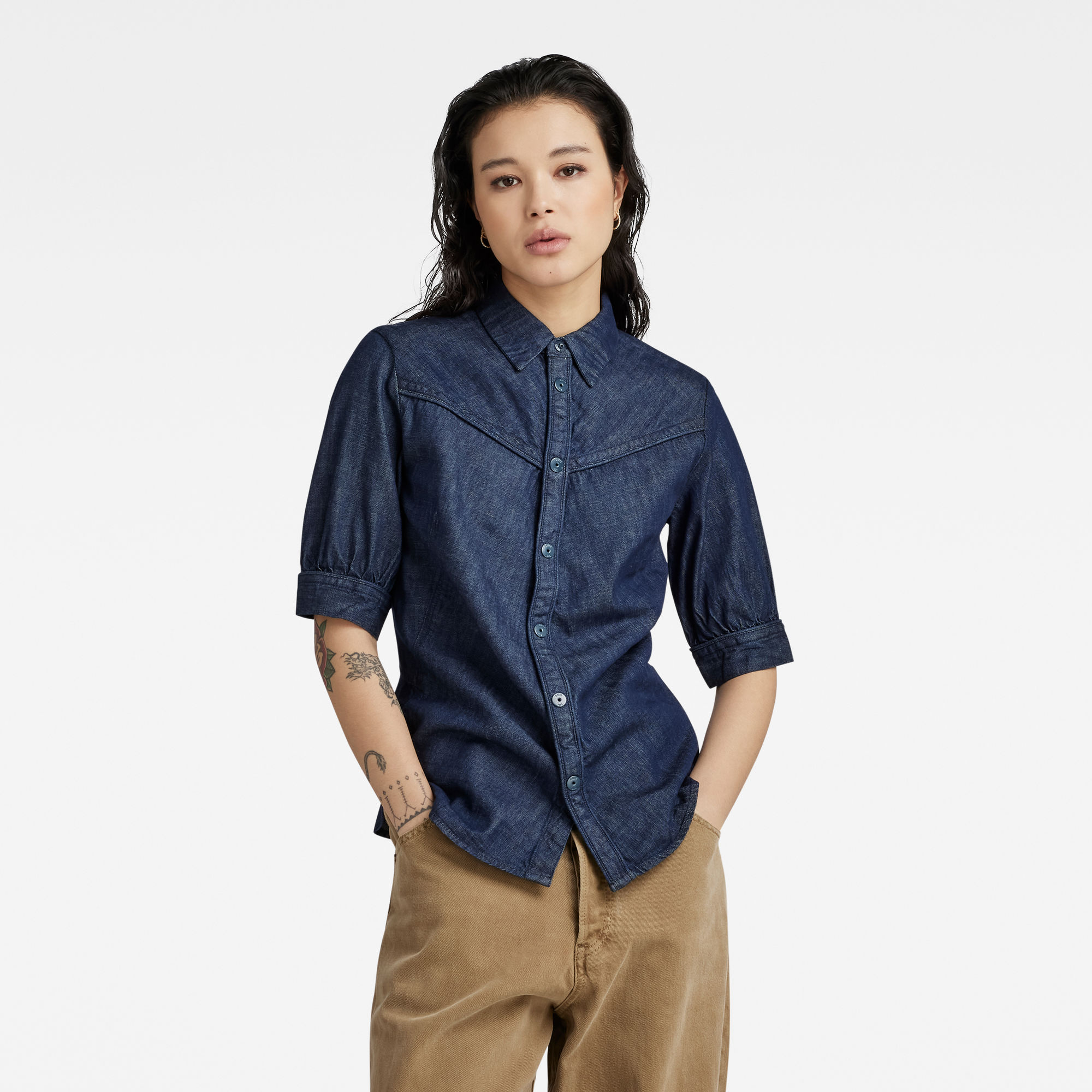 

Western Kick Puff Slim Shirt - Donkerblauw - Dames