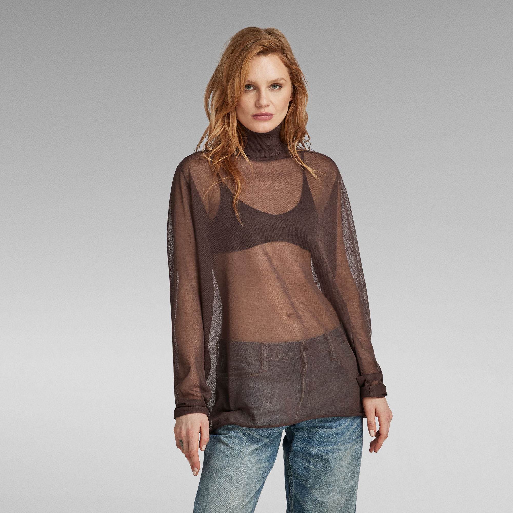 

Sheer Loose Turtle Knitted Sweater - Brown - Women