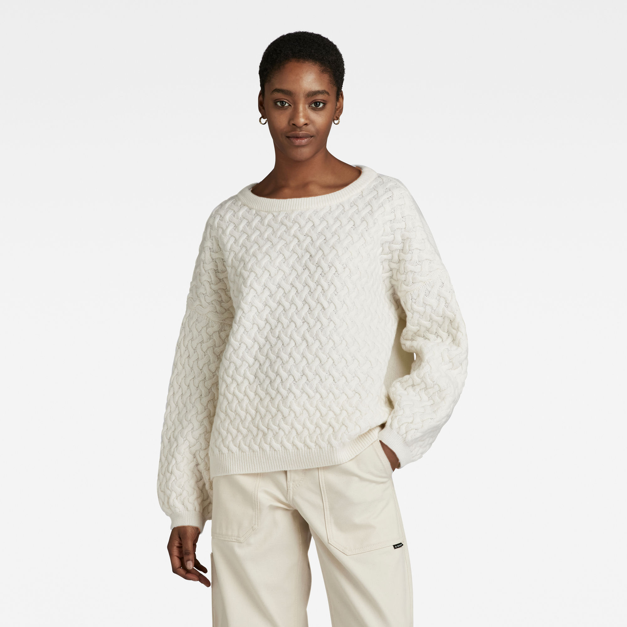 

Chunky Loose Boat Knitted Pullover - Beige - Damen
