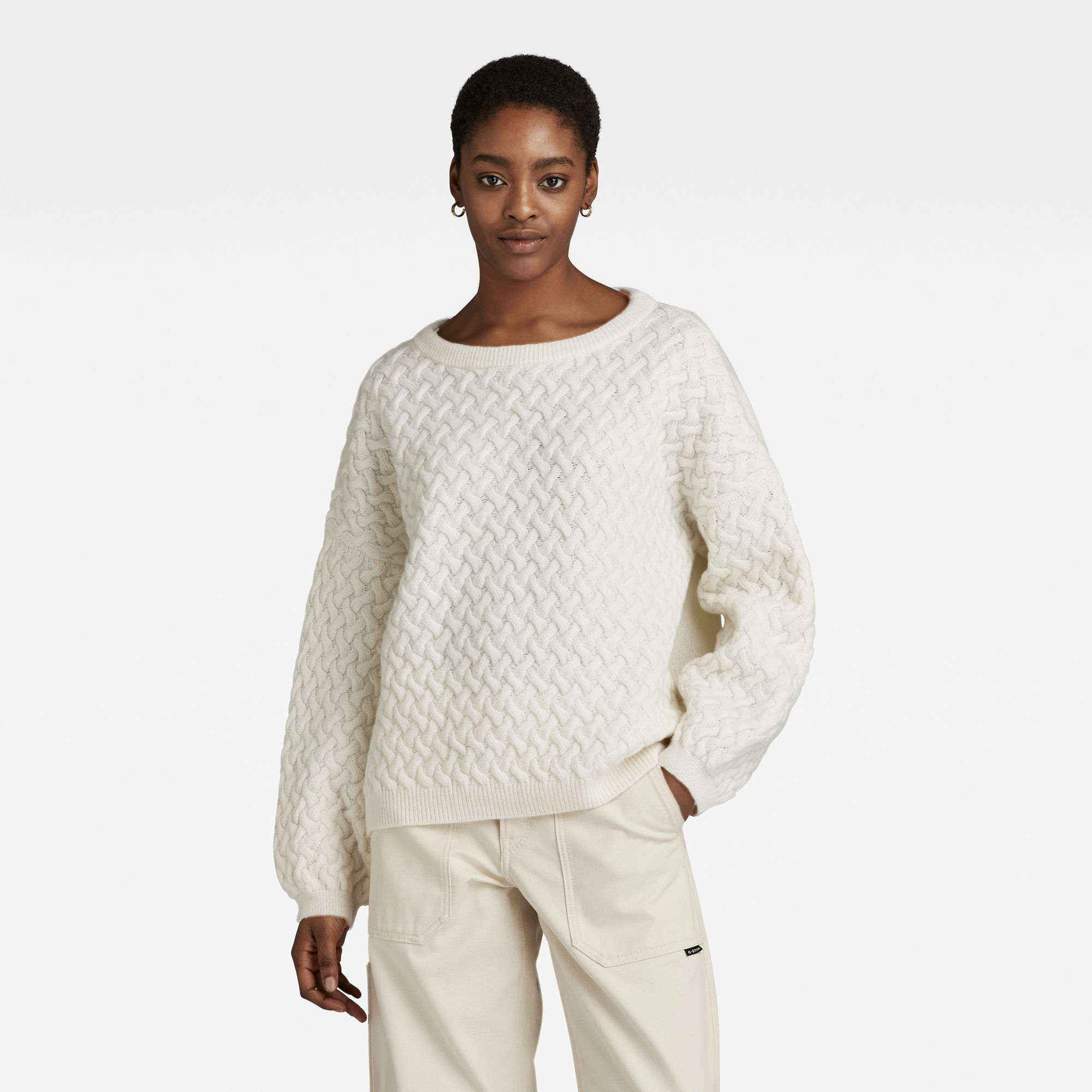 

Chunky Loose Boat Knitted Sweater - Beige - Women