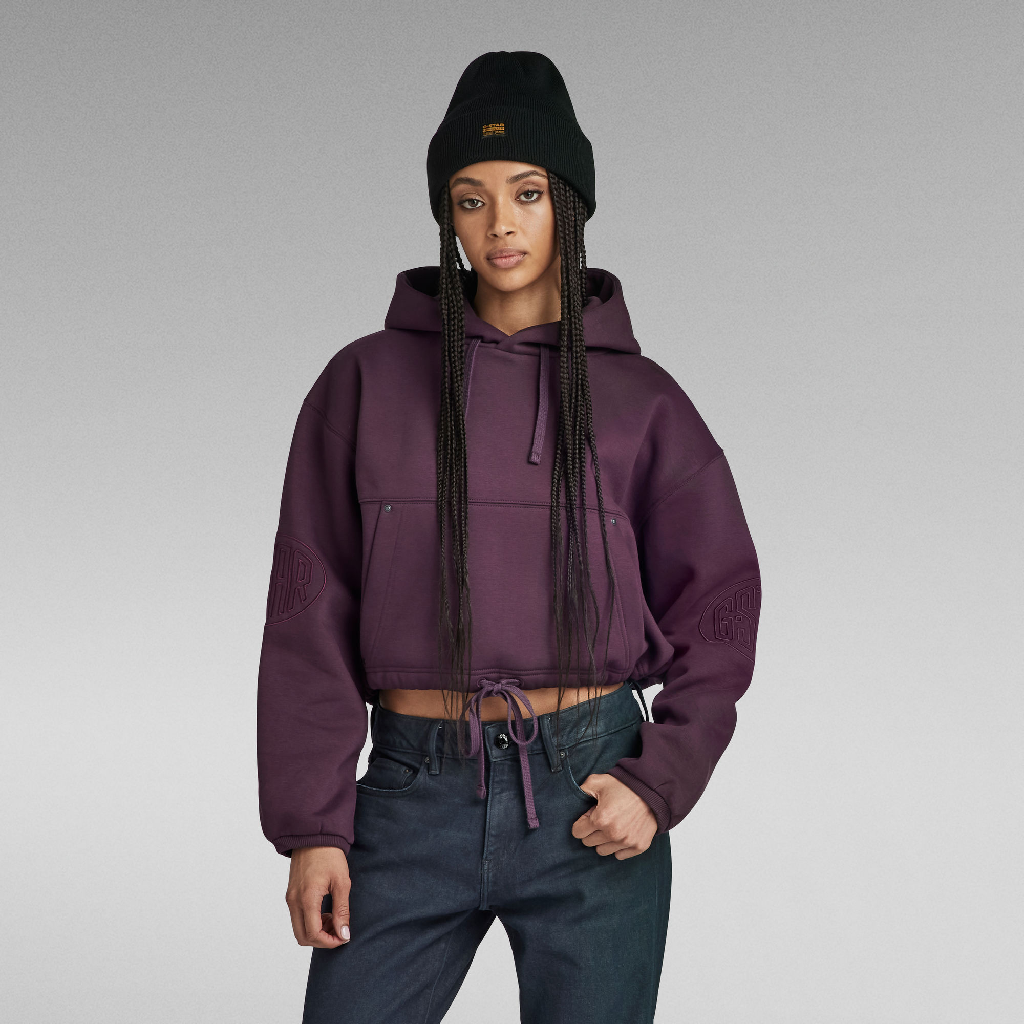 

Sleeve Graphic Cropped Loose Hoodie - Purple - Women