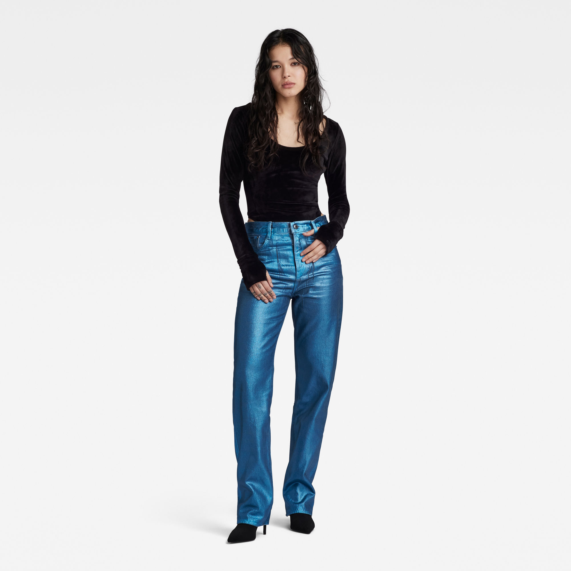 G-Star RAW metallic Viktoria coated high waist straight jeans luna blue metal coating