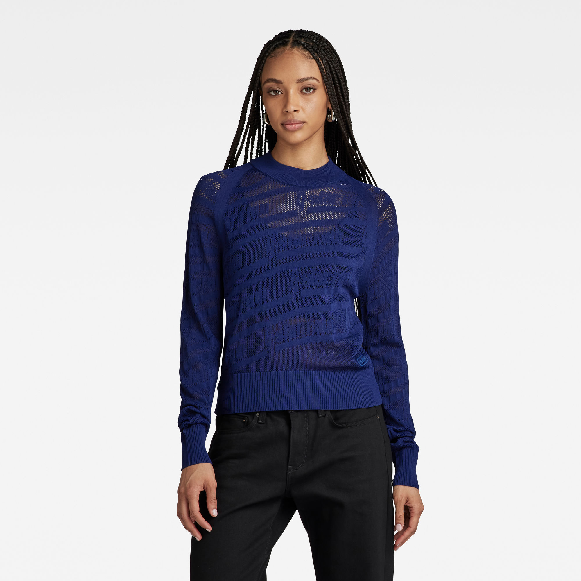 

Pointelle Text Knitted Sweater - Medium blue - Women