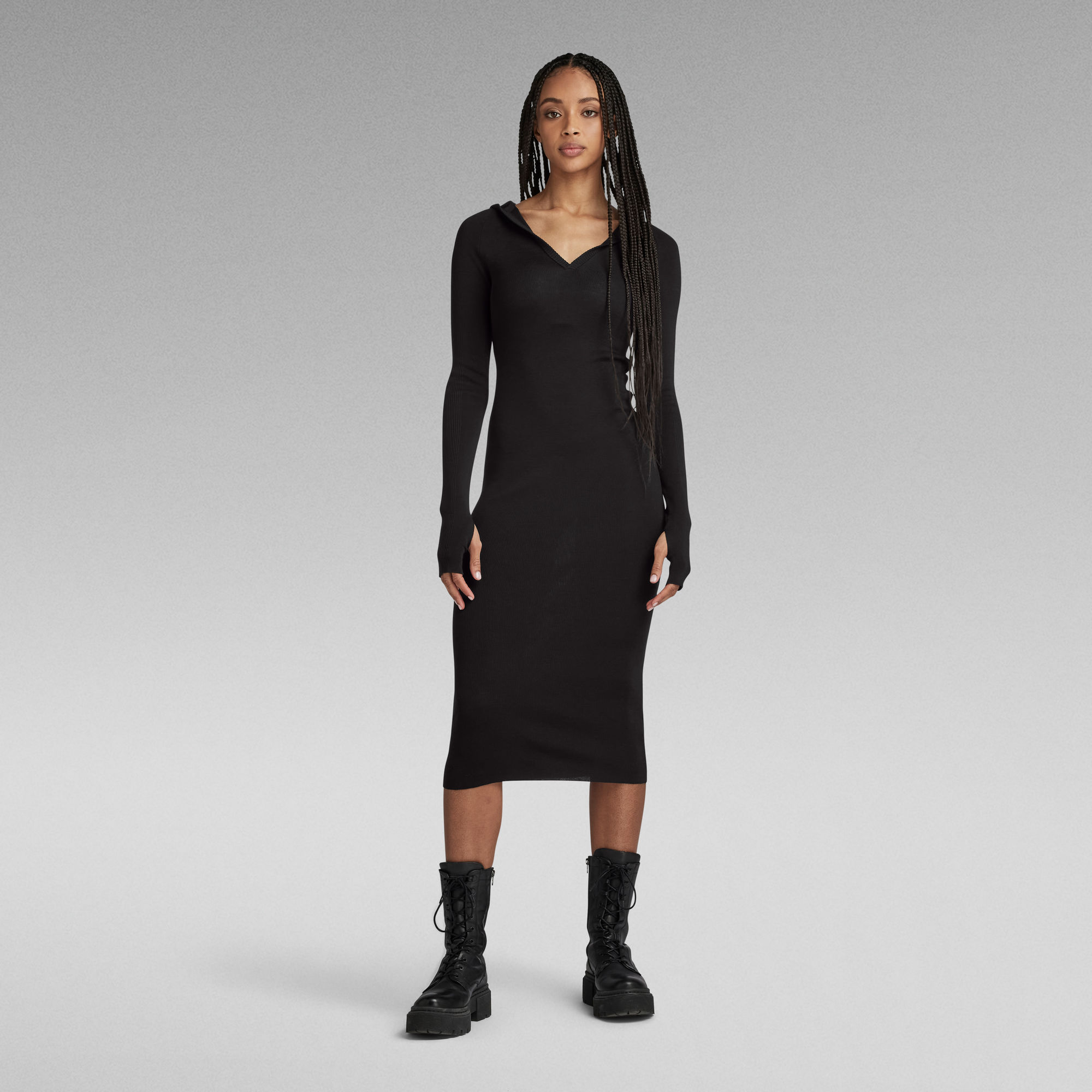 

Hooded Slim Knitted Dress - Black - Women