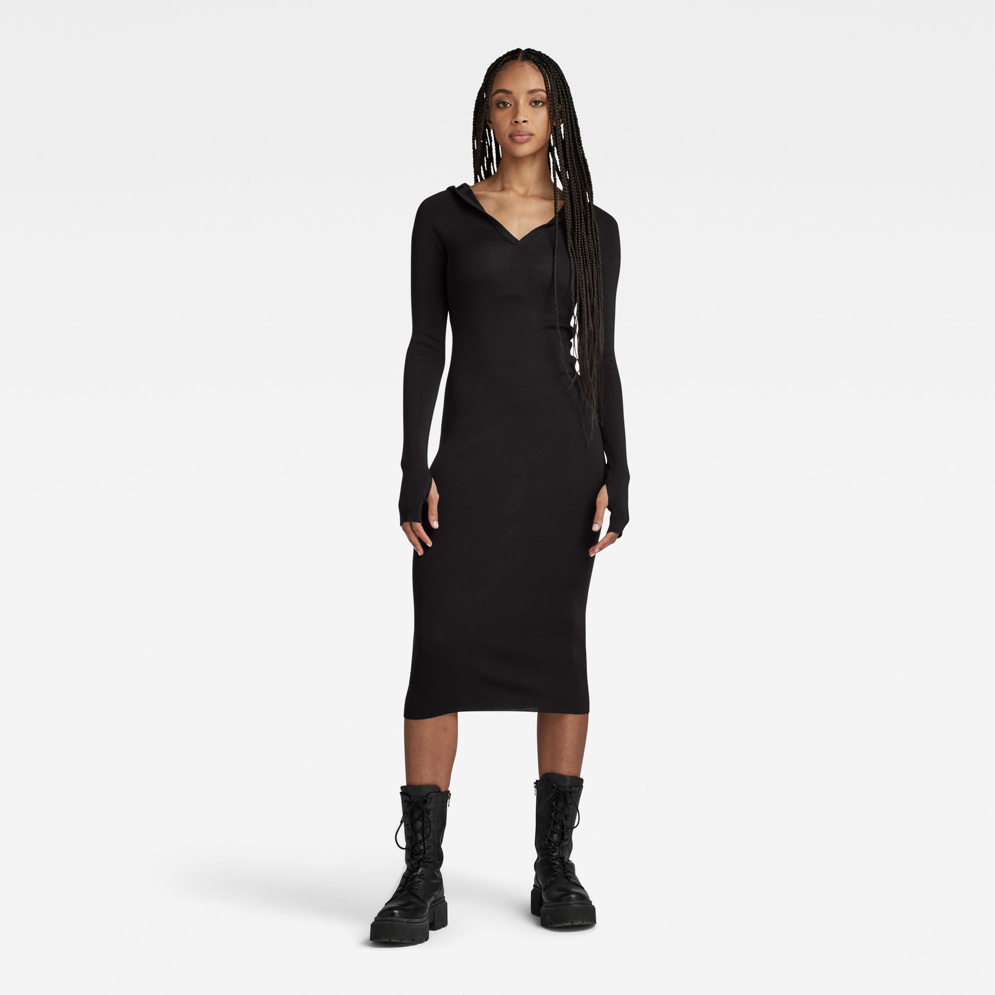 

Hooded Slim Knitted Dress - Black - Women