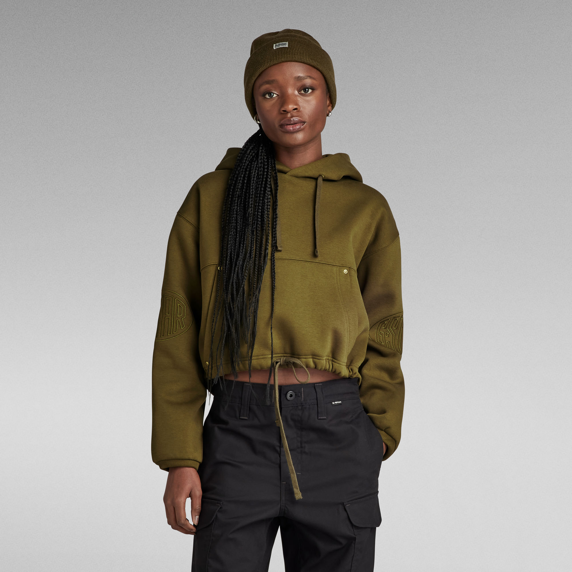 

Sleeve Graphic Cropped Loose Hoodie - Green - Women