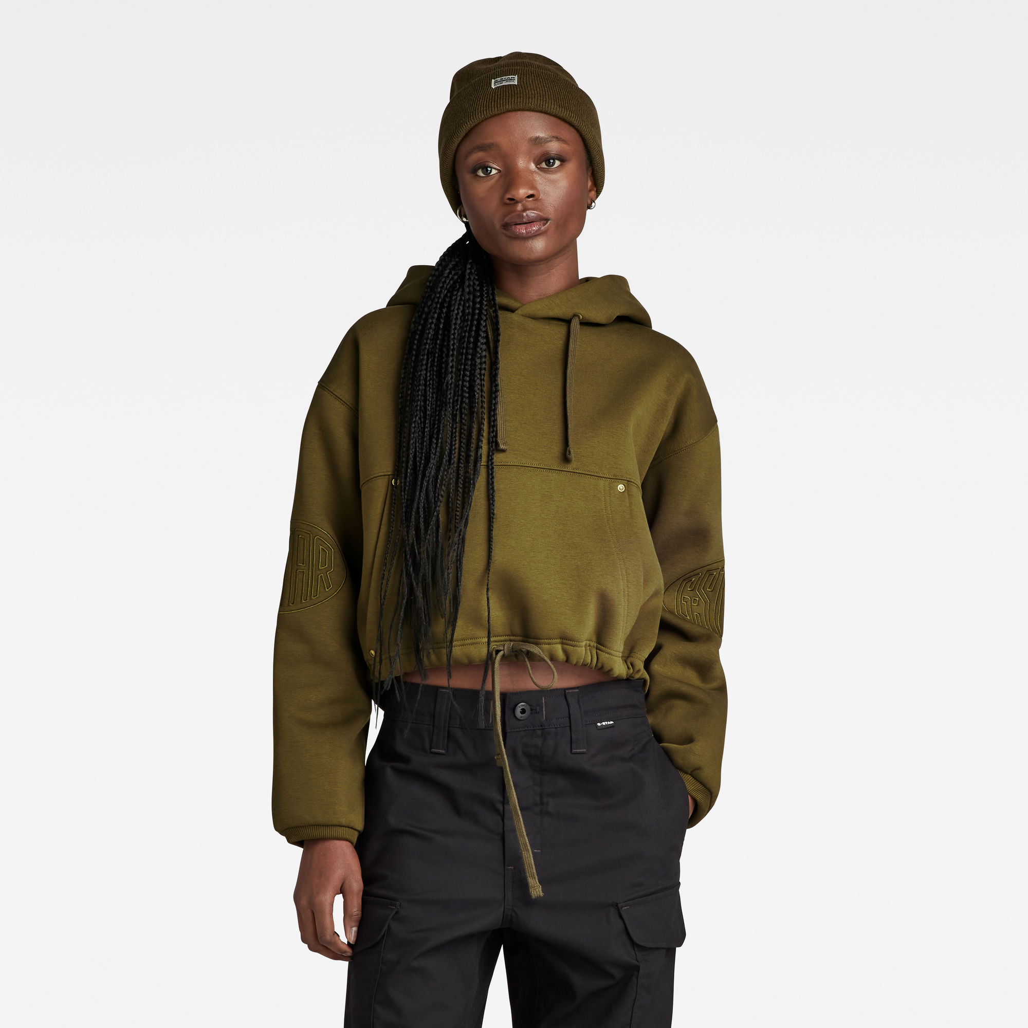 

Sleeve Graphic Cropped Loose Hoodie - Green - Women