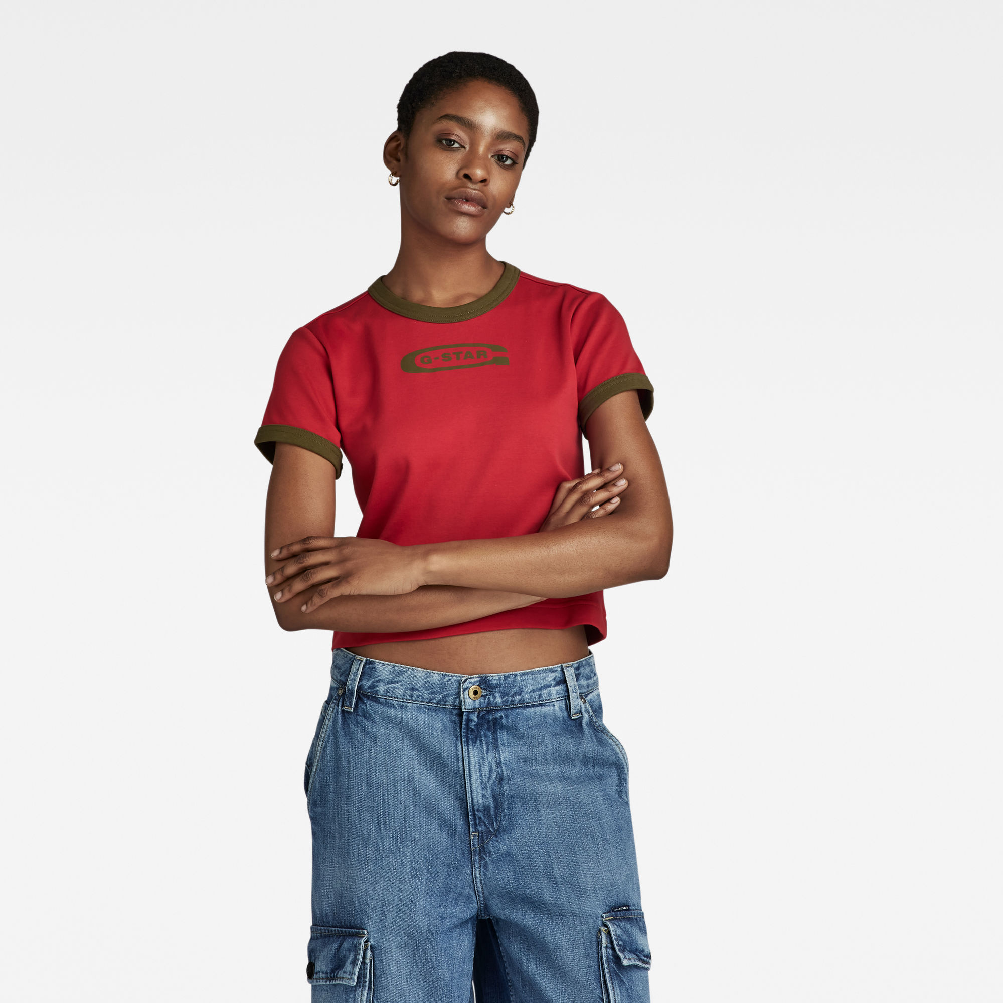 

Ringer Baby Brother Logo Top - Rot - Damen