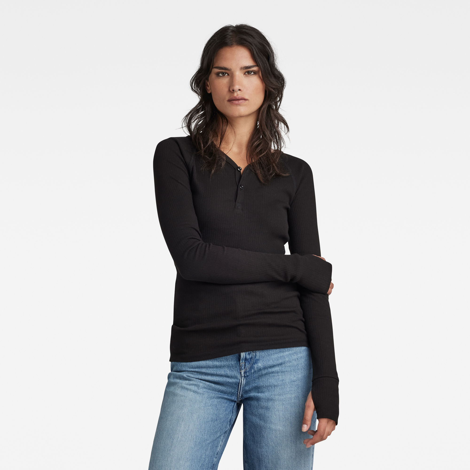 

Slim Rib Henley Top - Zwart - Dames