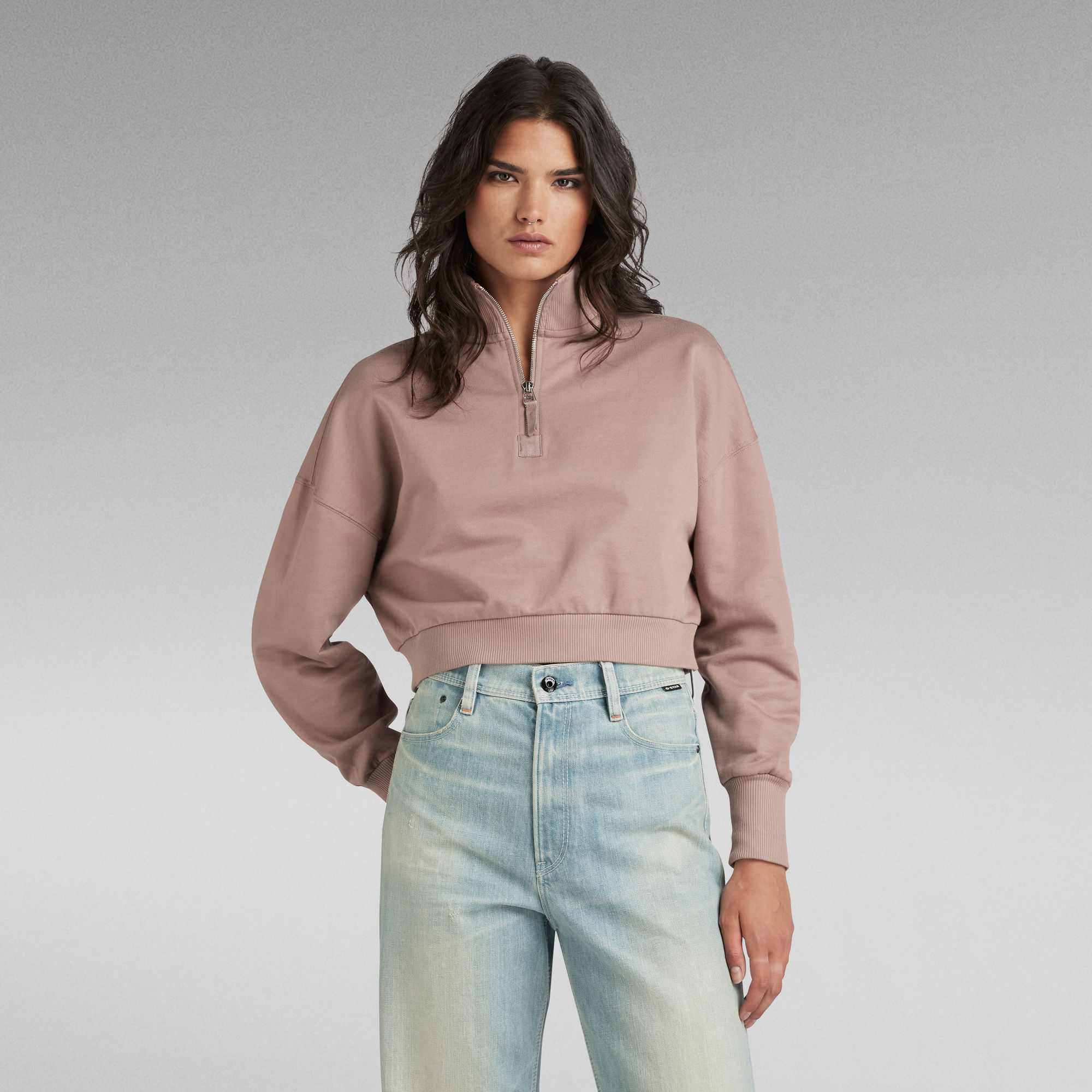 Cropped Half Zip Loose Sweatshirt - Braun - Damen