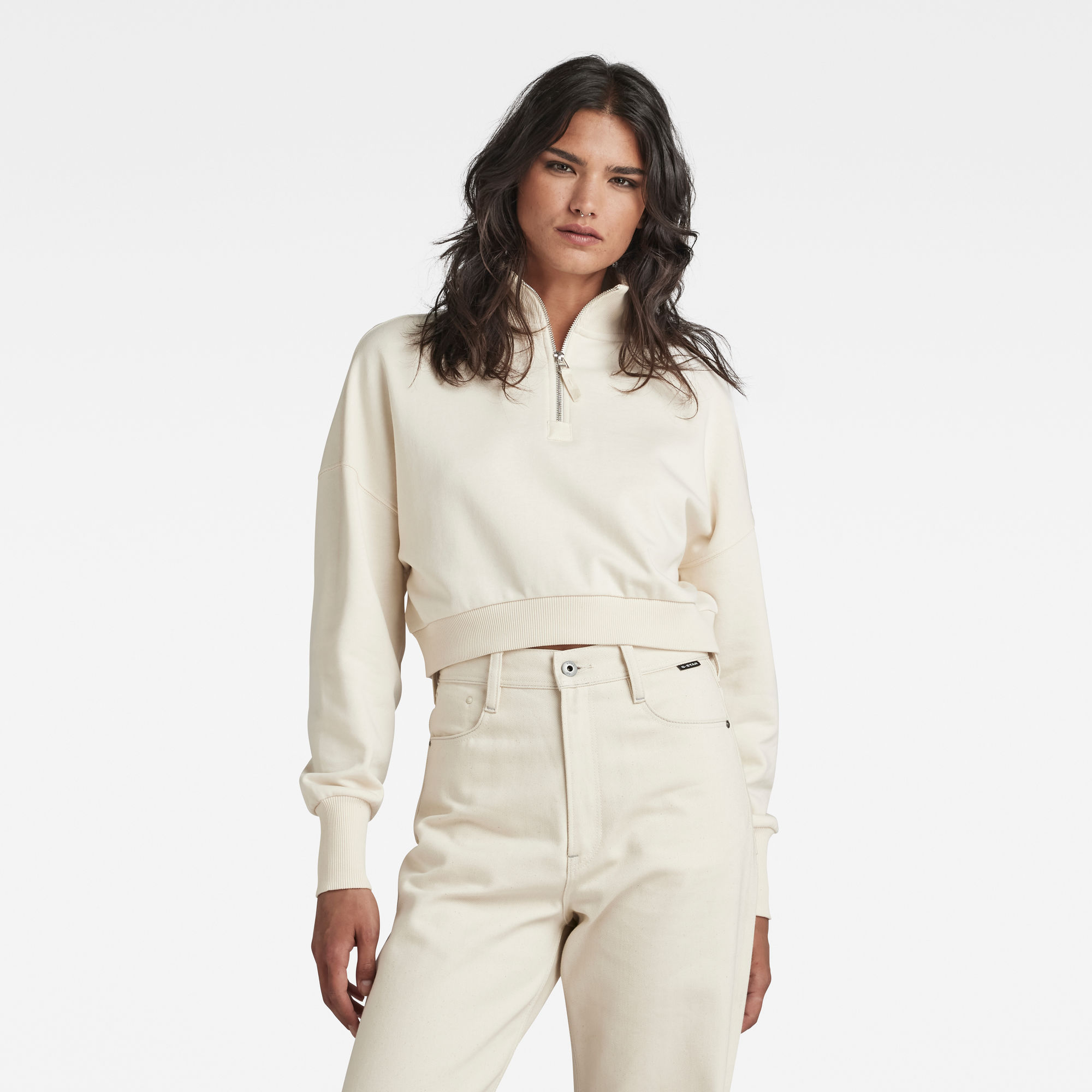 

Cropped Half Zip Loose Sweatshirt - Weiß - Damen