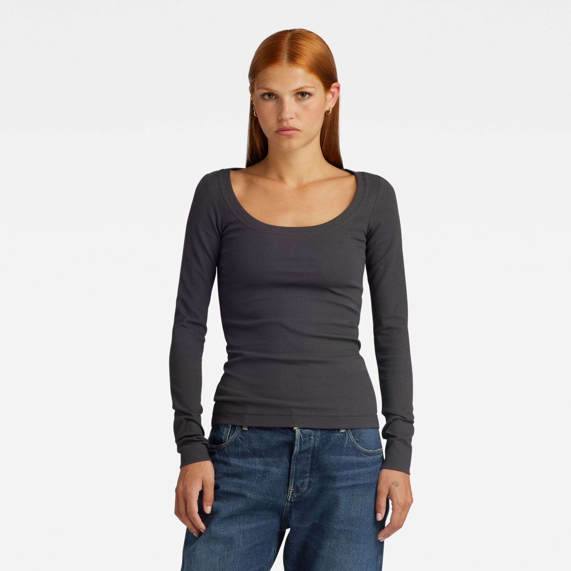 

Slim Rib Scoop Top - Grijs - Dames