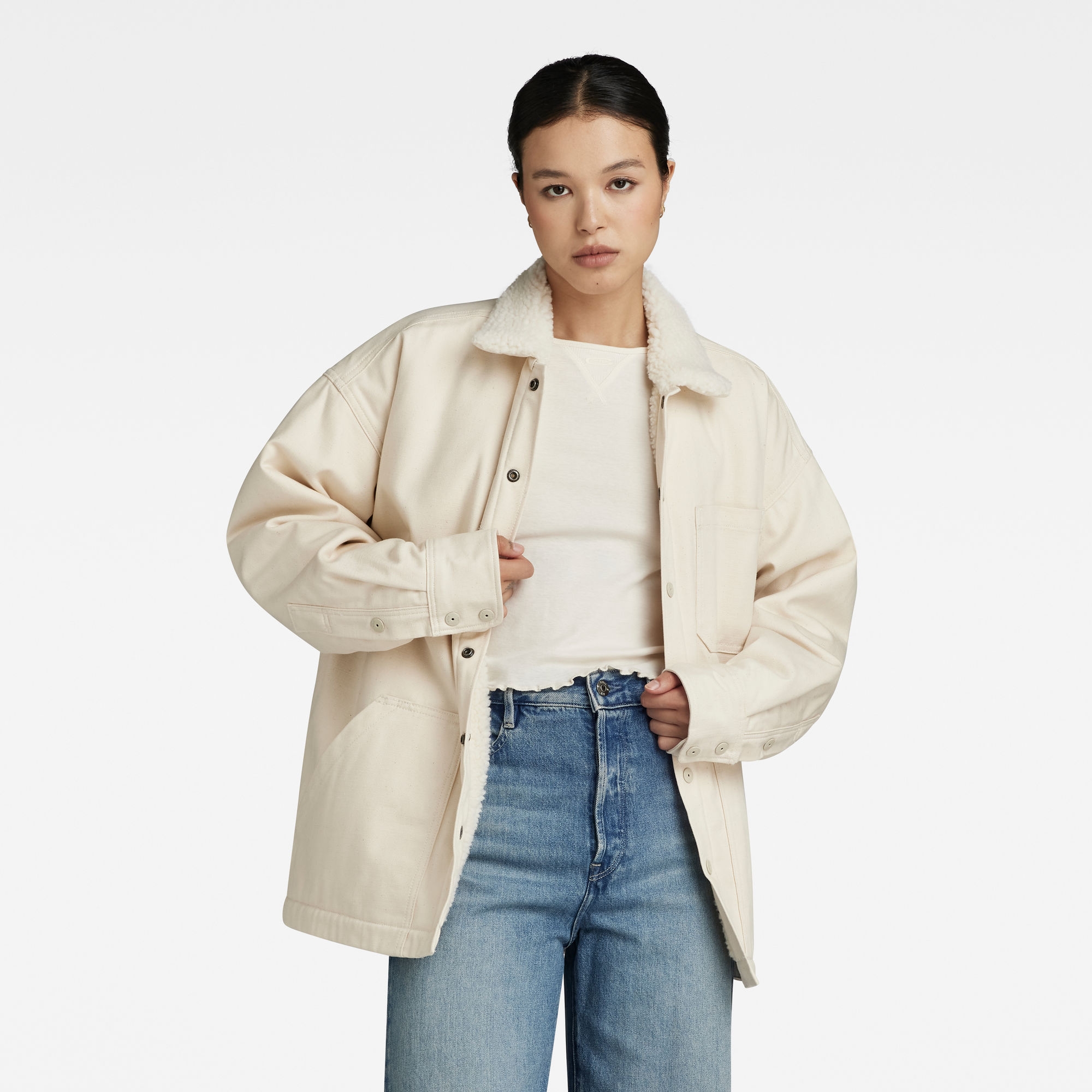 

Boxy Sherpa Lined Overshirt - Beige - Women