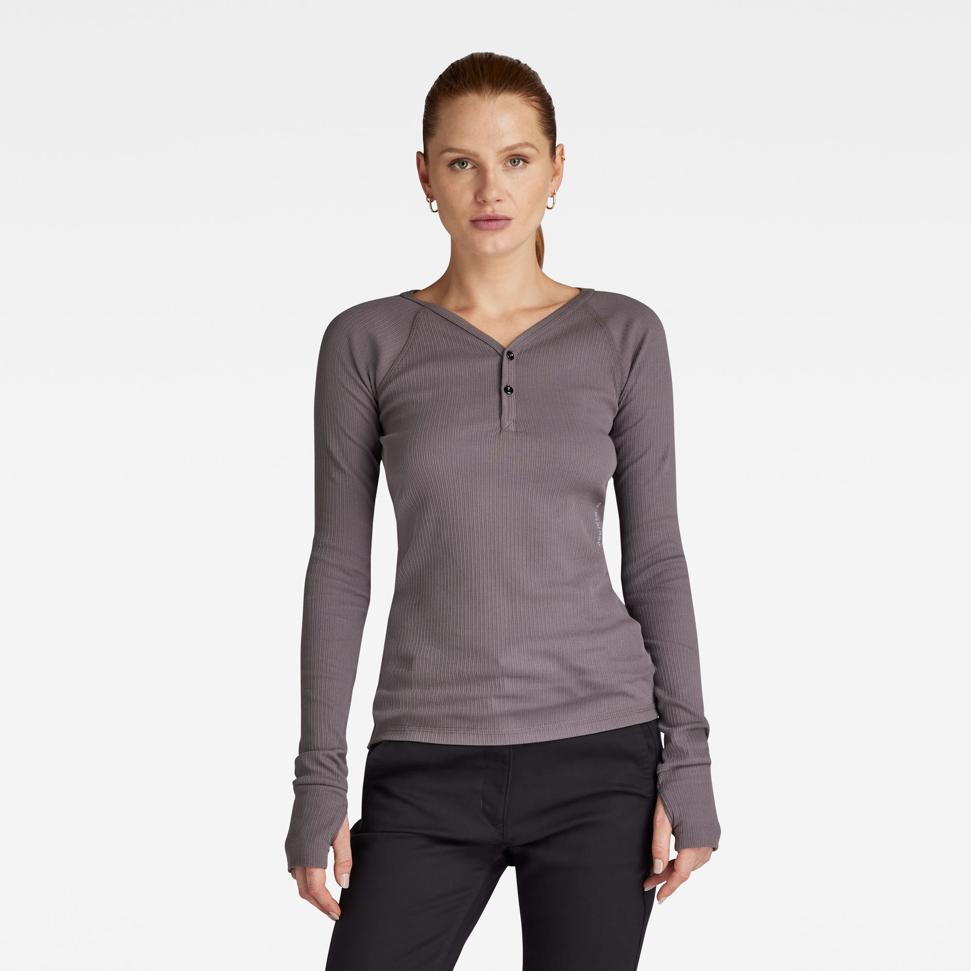 

Slim Rib Henley Top - Grijs - Dames